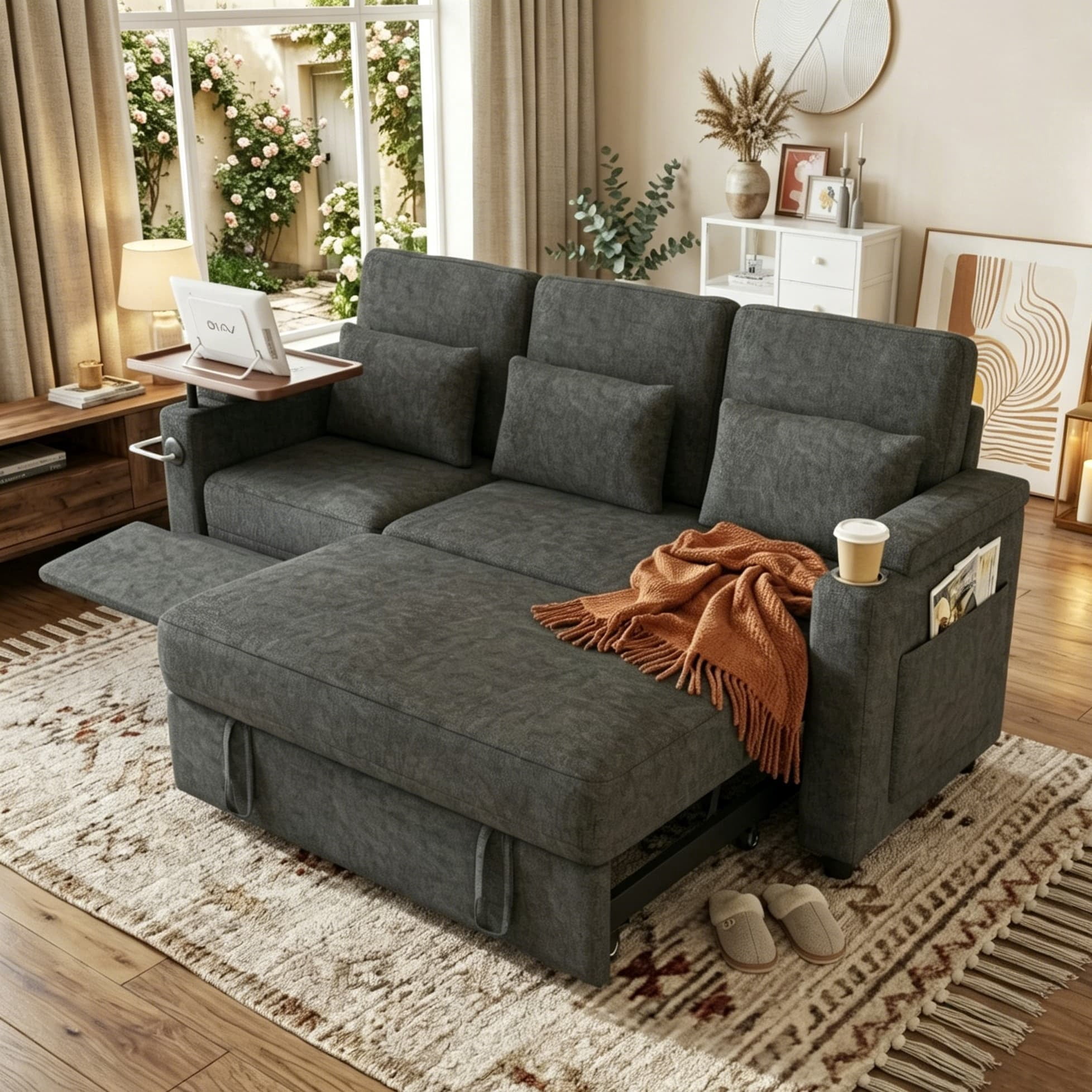 Aukfa 83" Convertible Sofa Bed, Chenille 3-Seater Pull-Out Sleeper Couch with Recliner, USB Port, Swivel Table & Storage Armrests,Gray