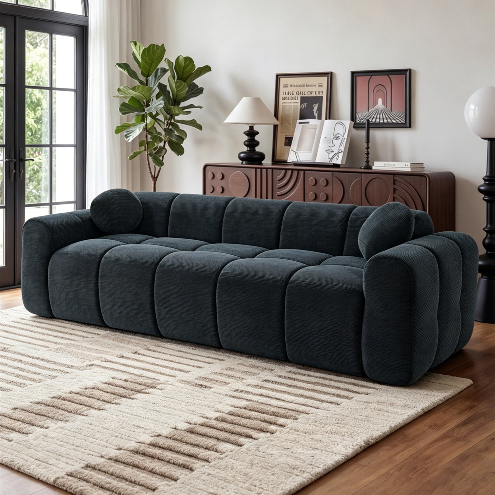 Aukfa 99" Oversized Cloud Sofa Boneless Couch 4-Seater Tufted Upholstered Sofa for Living Room, 2 Pillows, Corduroy, Black