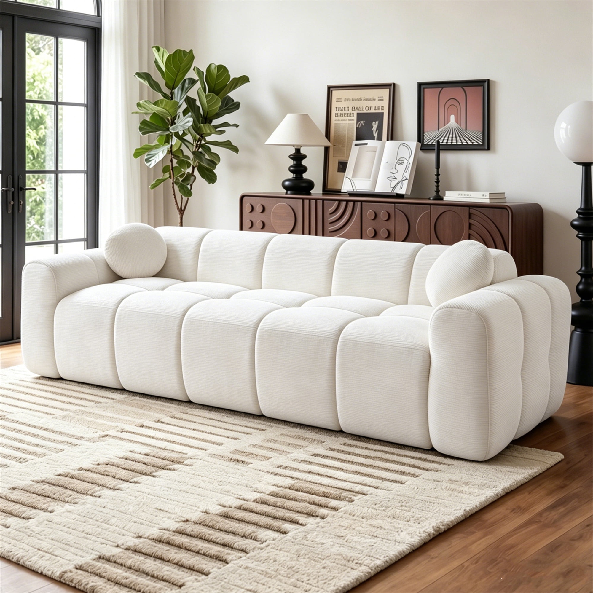 Aukfa 99" Oversized Cloud Sofa Boneless Couch 4-Seater Tufted Upholstered Sofa for Living Room, 2 Pillows, Corduroy, Cream