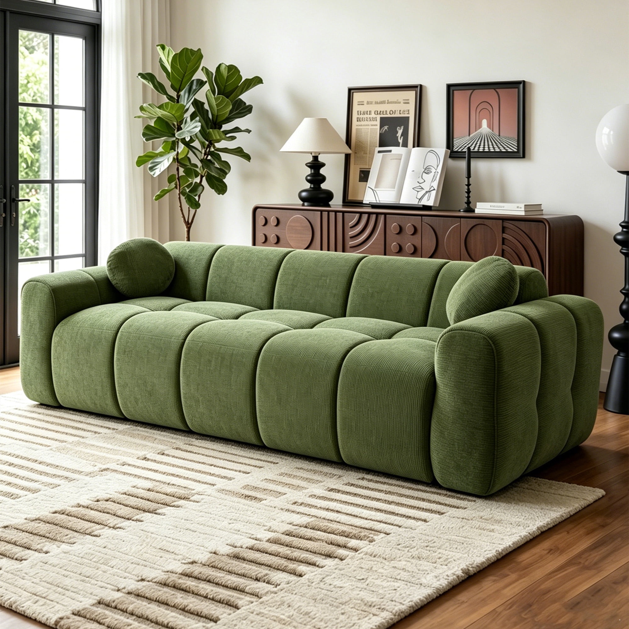 Aukfa 99" Oversized Cloud Sofa Boneless Couch 4-Seater Tufted Upholstered Sofa for Living Room, 2 Pillows, Corduroy, Green