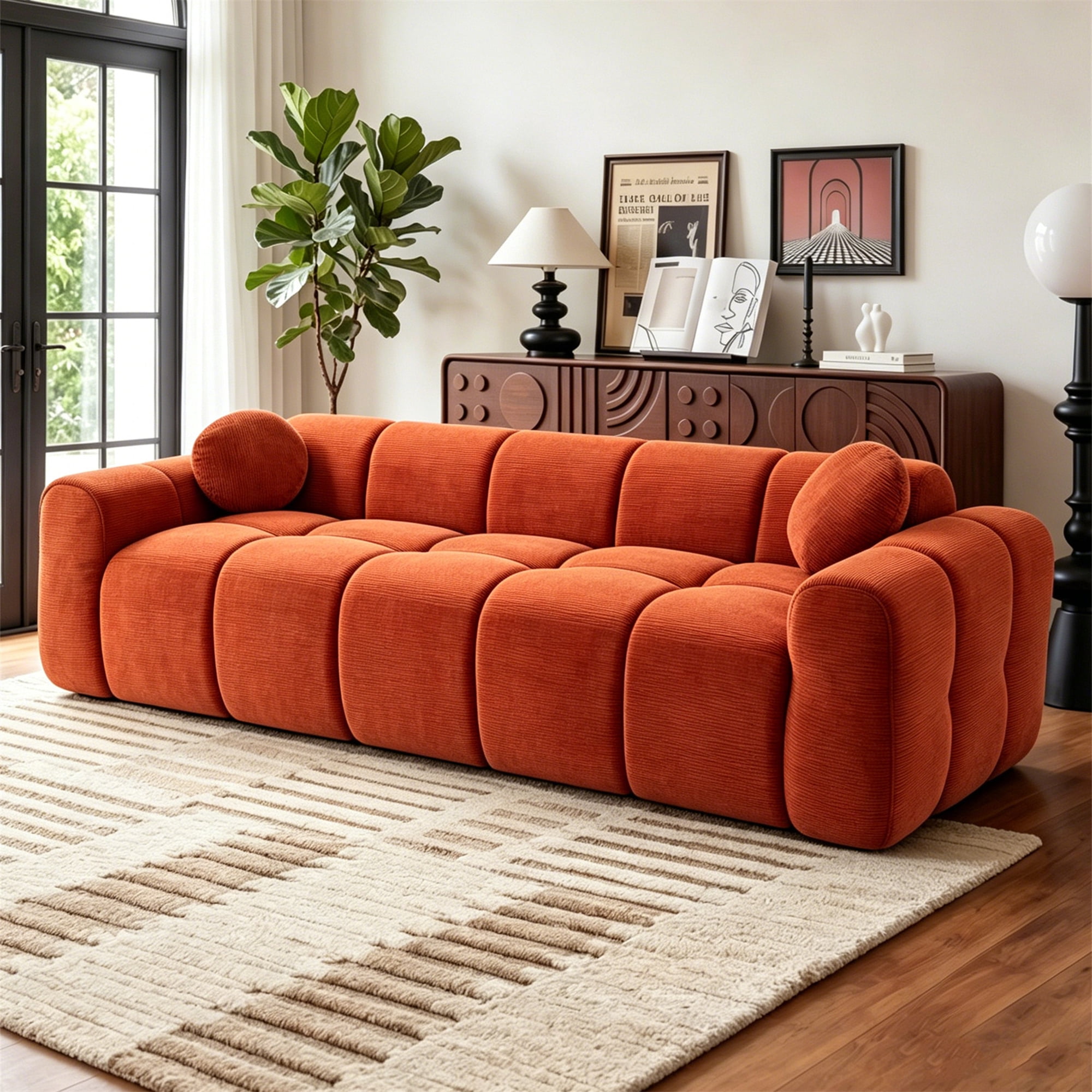 Aukfa 99" Oversized Cloud Sofa Boneless Couch 4-Seater Tufted Upholstered Sofa for Living Room, 2 Pillows, Corduroy, Orange