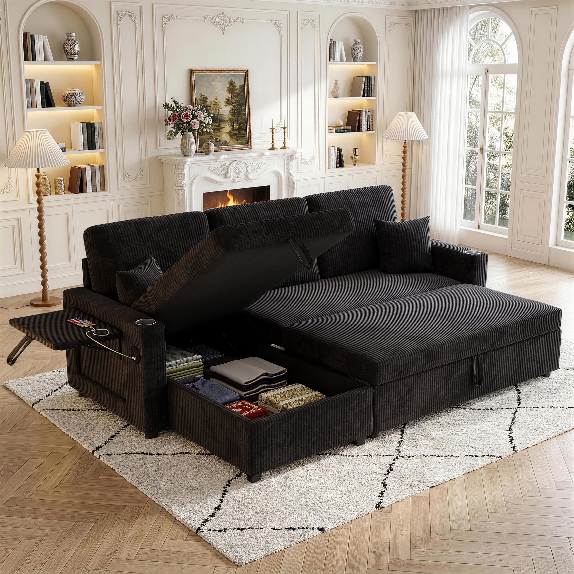Aukfa 83" L-Shaped Sleeper Sleeper Sofa with Storage Chaise & Rotating Side Table, L-Shaped Corduroy Convertible Couch with USB/Type-C Ports,Black
