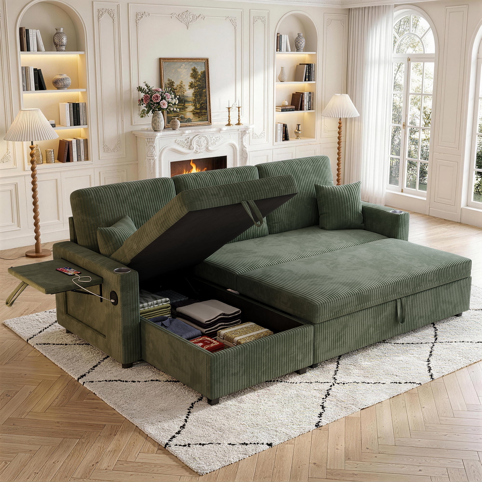 Aukfa 83" L-Shaped Sleeper Sleeper Sofa with Storage Chaise & Rotating Side Table, L-Shaped Corduroy Convertible Couch with USB/Type-C Ports,Green