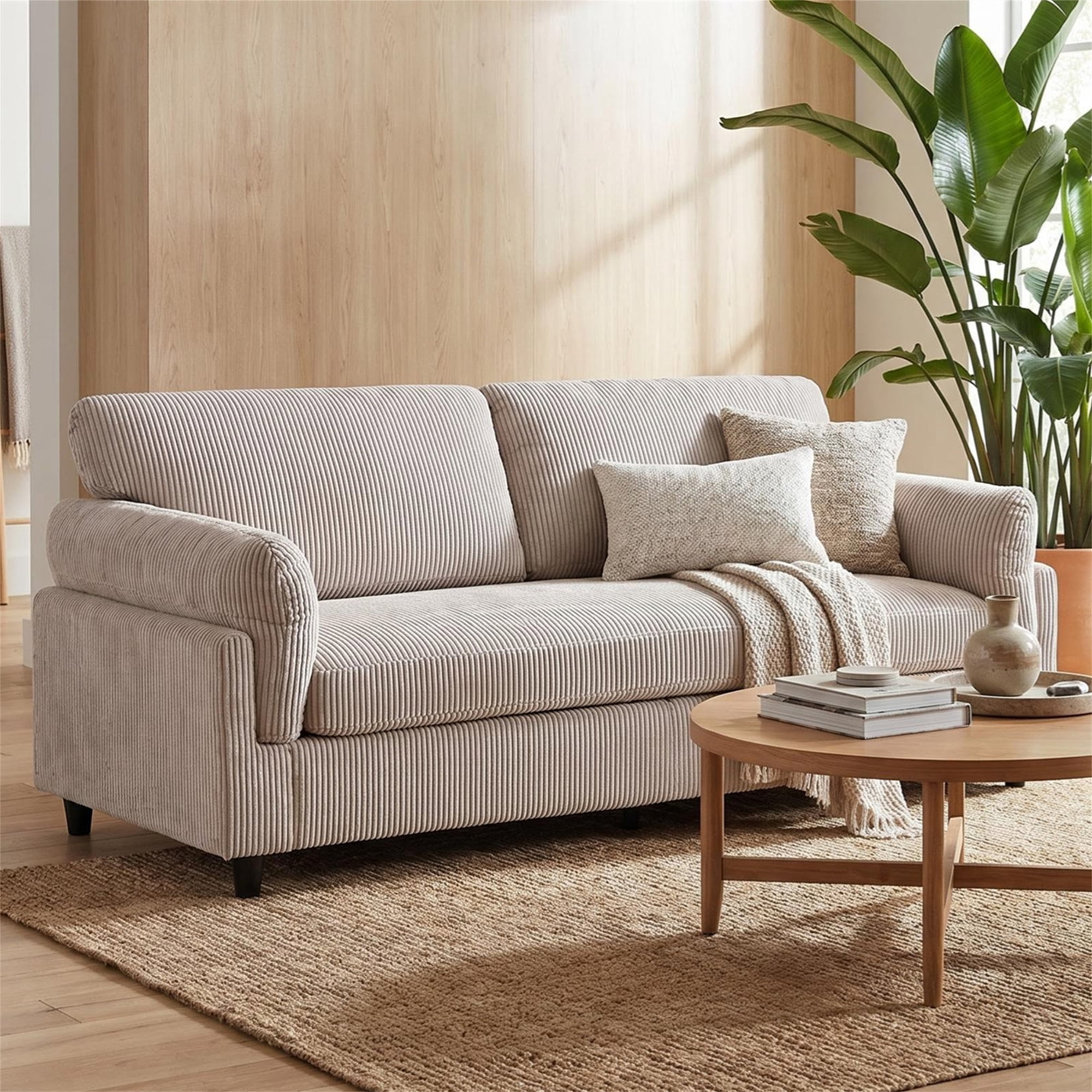 Aukfa 83" Pillow Top Arm Sofa 3 Seat Deep Seat Upholstered Couch for Living Room Bedroom, Corduroy, Camel