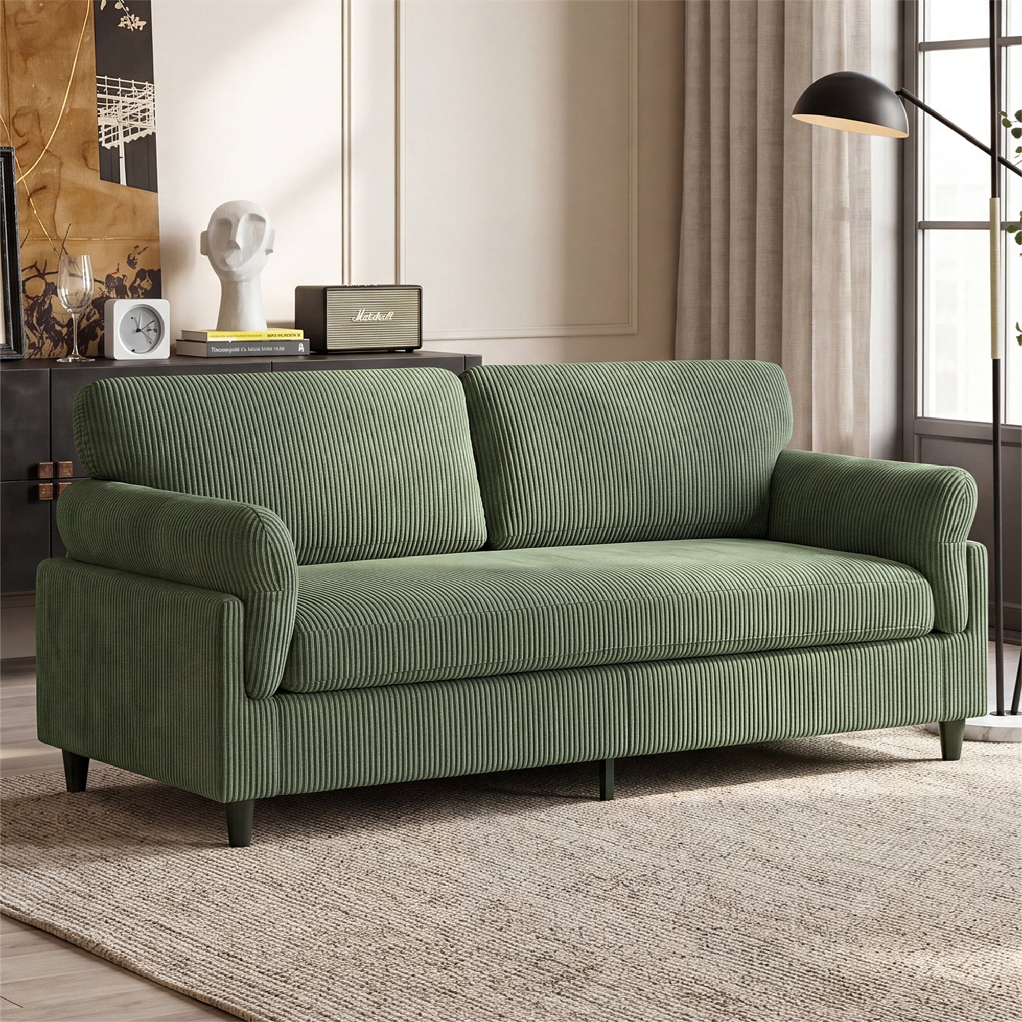 Aukfa 83" Pillow Top Arm Sofa 3 Seat Deep Seat Upholstered Couch for Living Room Bedroom, Corduroy, Green