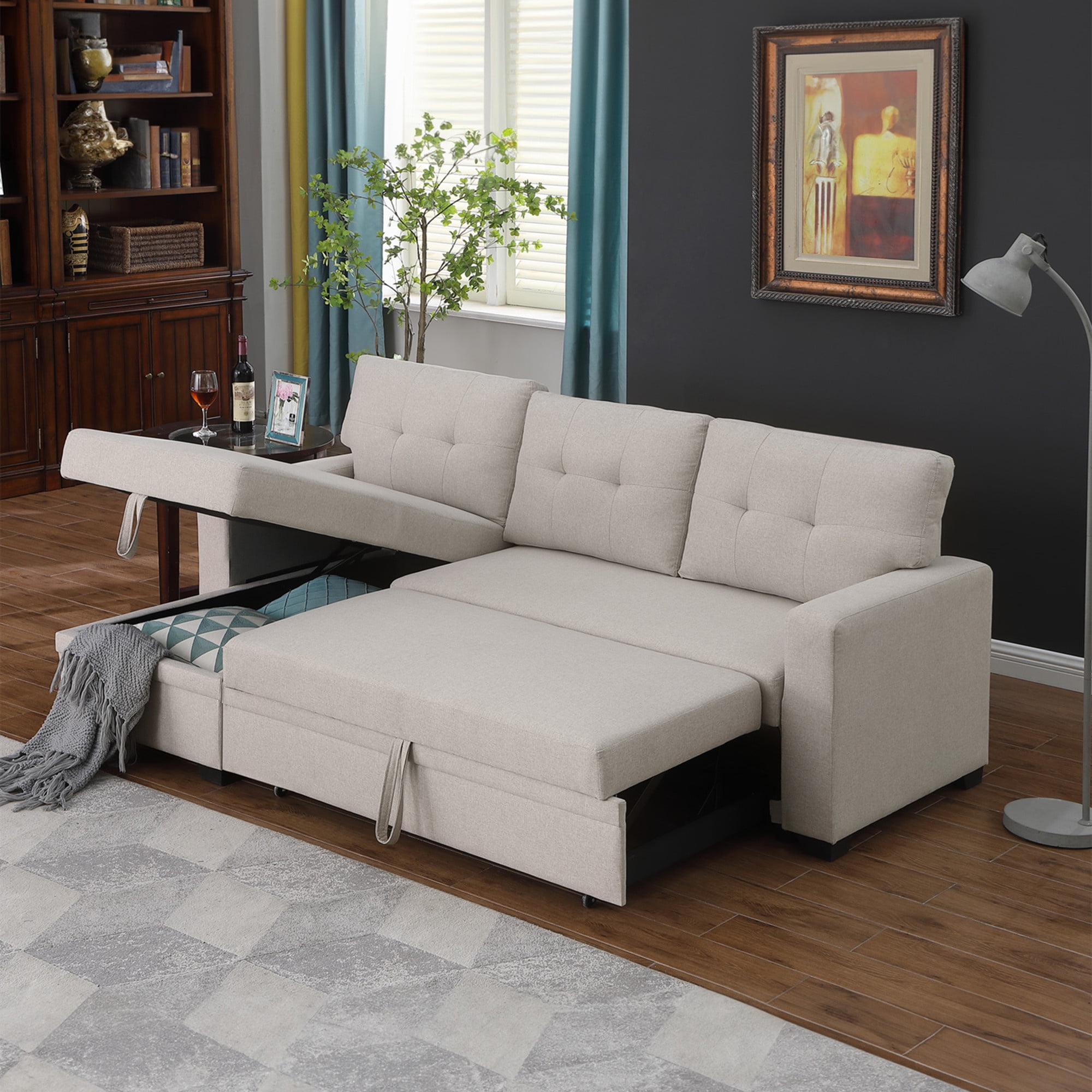 Aukfa 83" Sofa Bed, Sleeper Sofa, Pull Out Bed w/ Storage Chaise for Living Room, Linen, Beige