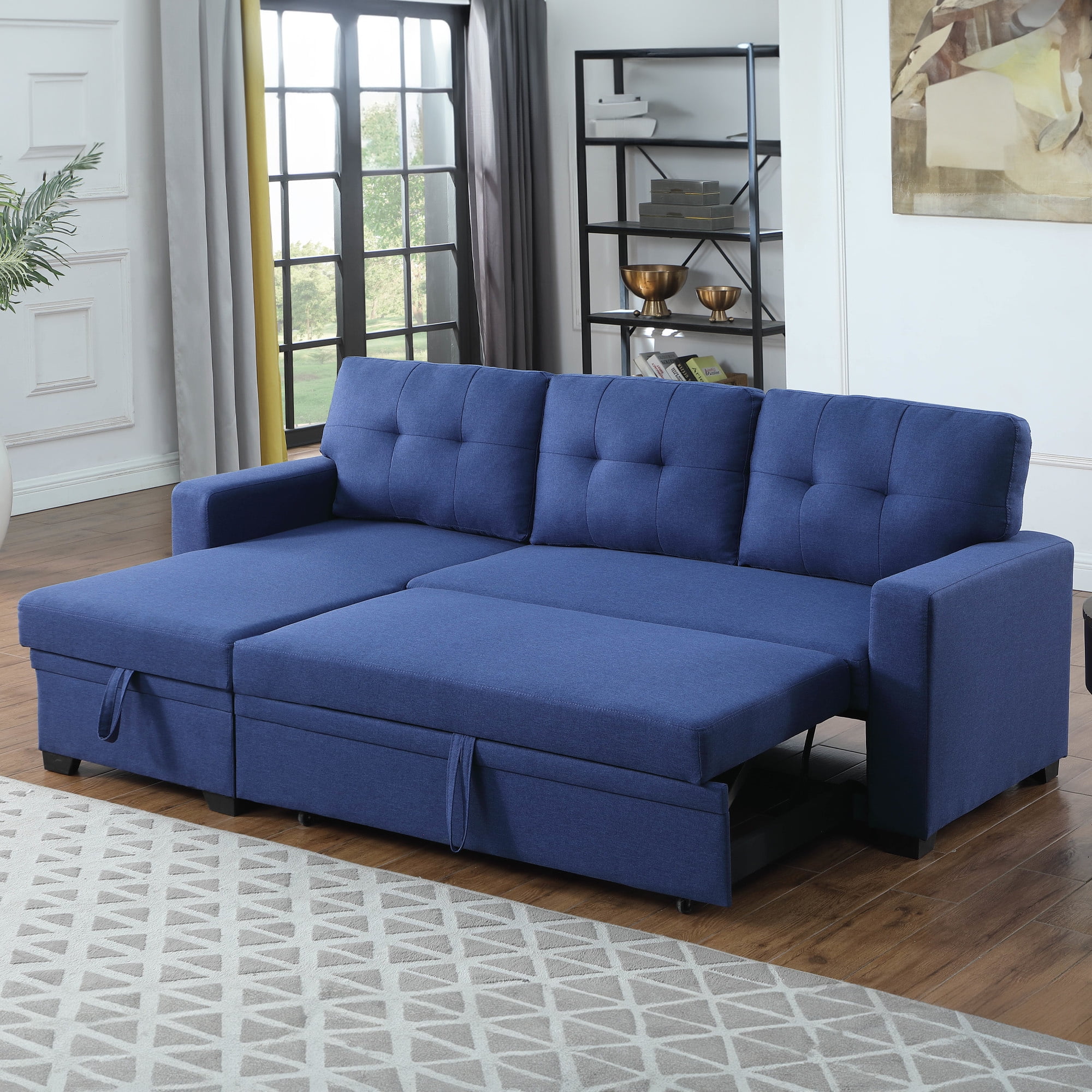 Aukfa 2 in 1 Pull Out Couch Multifunctional Sofa Bed with Storage Chaise Linen Upholstery Blue Size 82 L x 53 W x 34.5 H
