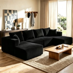 Aukfa 132" U Shape Cloud Sectional Sofa Oversized Modular Boneless Couch, Double Chaise Corduroy Sofa for Living Room, Black