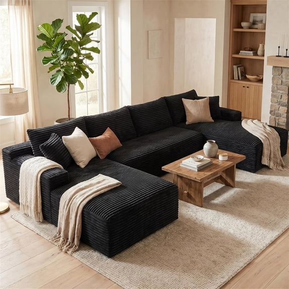 Aukfa 132" U Shape Cloud Sectional Sofa Oversized Modular Boneless Couch, Double Chaise Corduroy Sofa for Living Room, Black