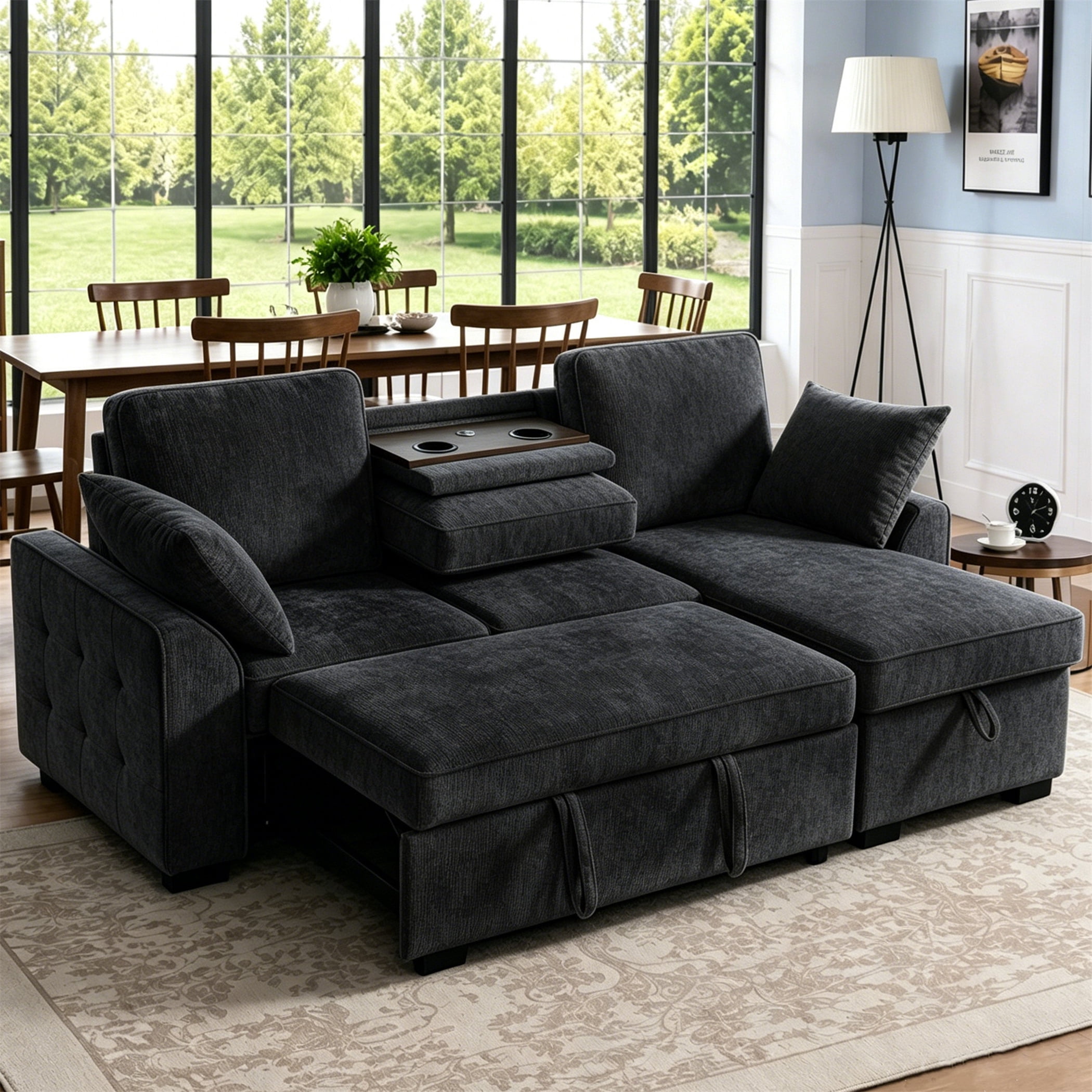 Aukfa 86" L-Shaped Convertible Sectional Sleeper Sofa Bed with USB & Cup Holders Console, Storage Chaise for Living Room, Chenille, Black Gray