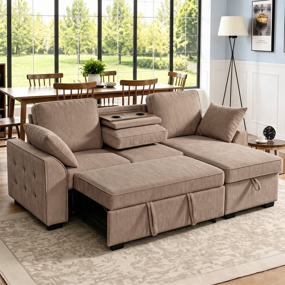 Aukfa 86" L-Shaped Convertible Sectional Sleeper Sofa Bed with USB & Cup Holders Console, Storage Chaise for Living Room, Chenille, Khaki