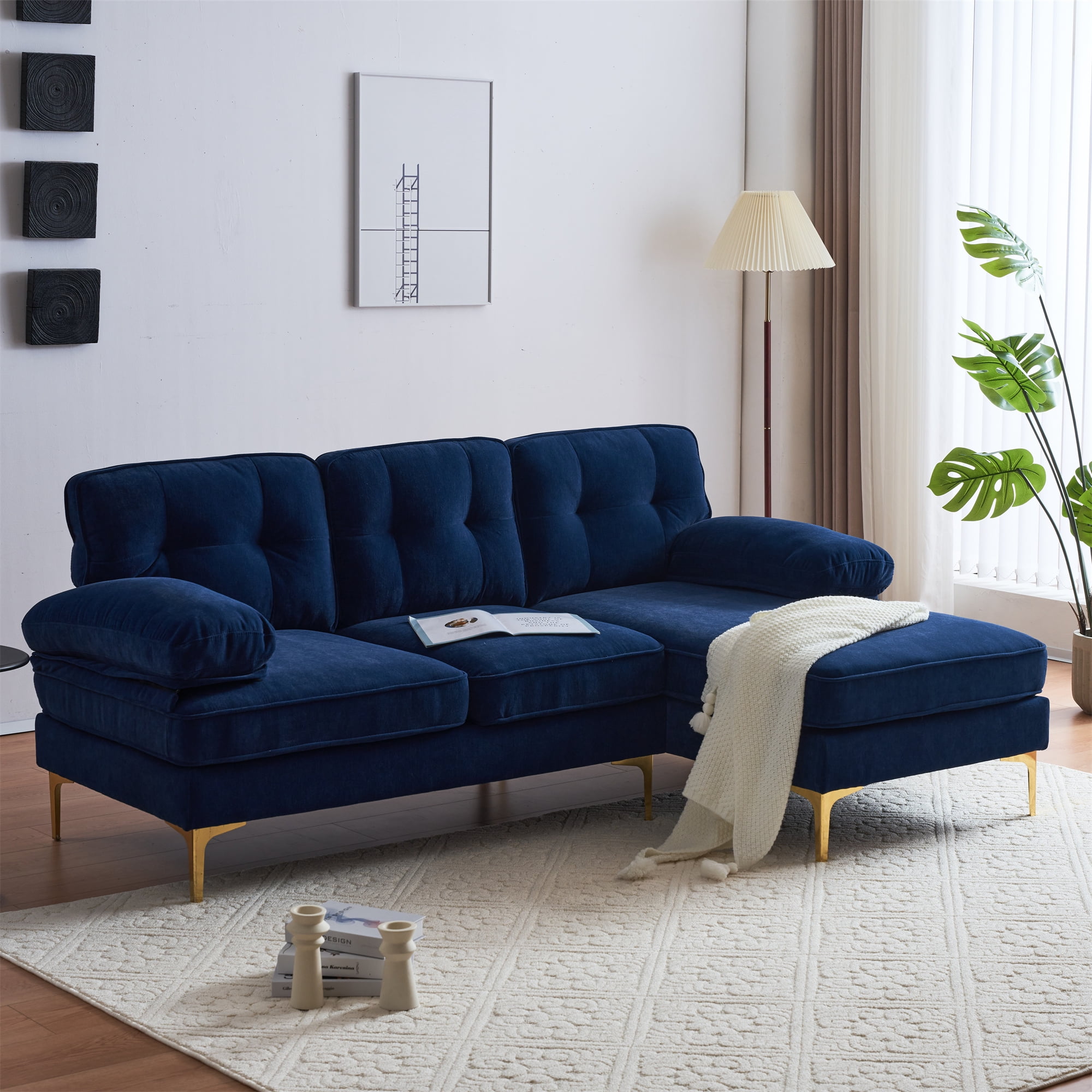 Aukfa 83" Velvet Sectional Sofa, Tufted Couch with Chaise for Living Room, Pillow Top Arm, Blue