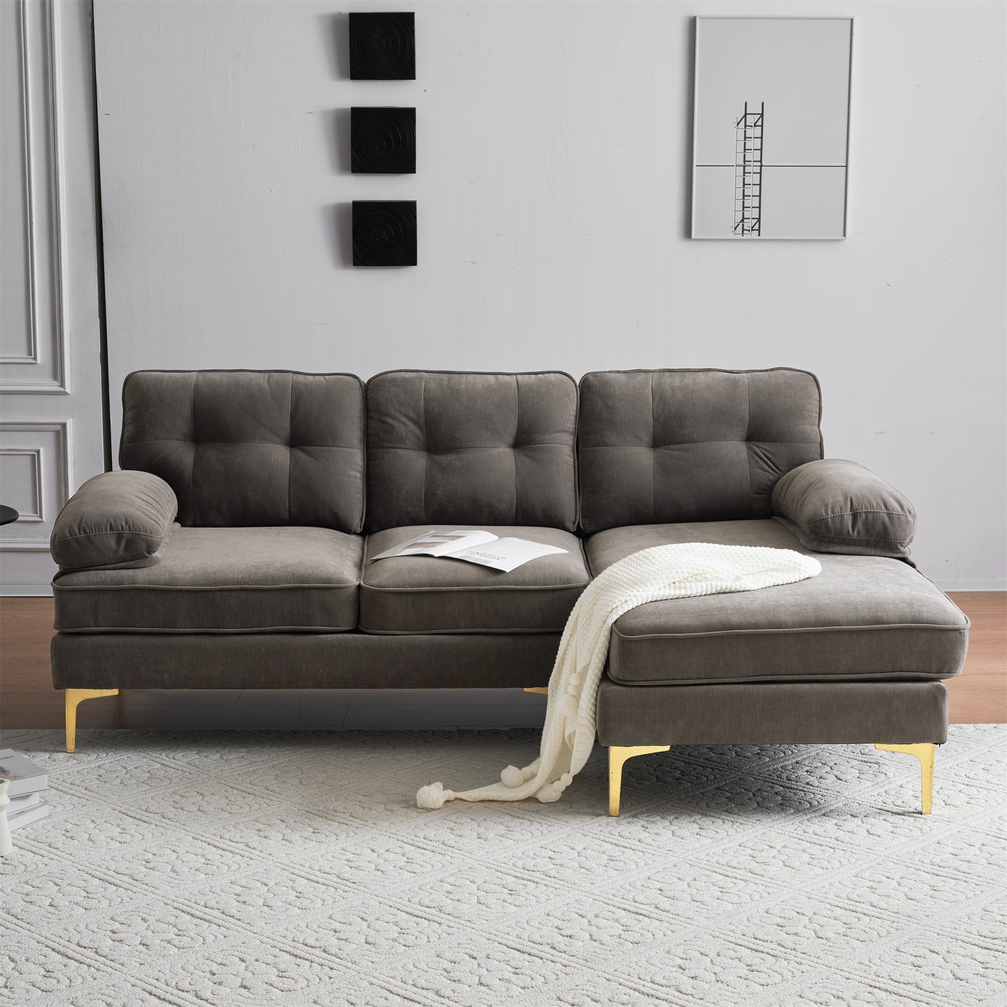 Aukfa 83" Velvet Sectional Sofa, Tufted Couch with Chaise for Living Room, Pillow Top Arm, Brown