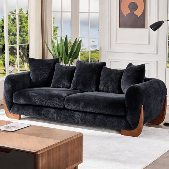 Aukfa 84" Comfy Sofa 3 Seat Couch with 26" Extra Deep Seat for Living Room, 5 Pillows, Sherpa Boucle, Black