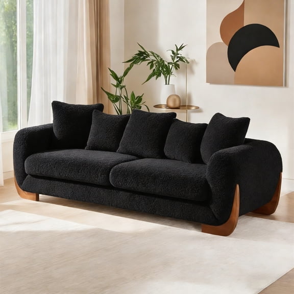 Aukfa Modern Cloud Couch - 84" Upholstered 3 Seat Sofa with Wood Legs, Ultra-Thick High Resilience Cushion Sherpa Boucle Sofa for Living Room, 5 Pillows, Black