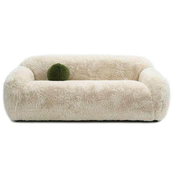 Aukfa 84" Comtemporary Sofa, Plush Faux Fur 3 Seater Couch for Living Room, 25" Deep Seat, Beige