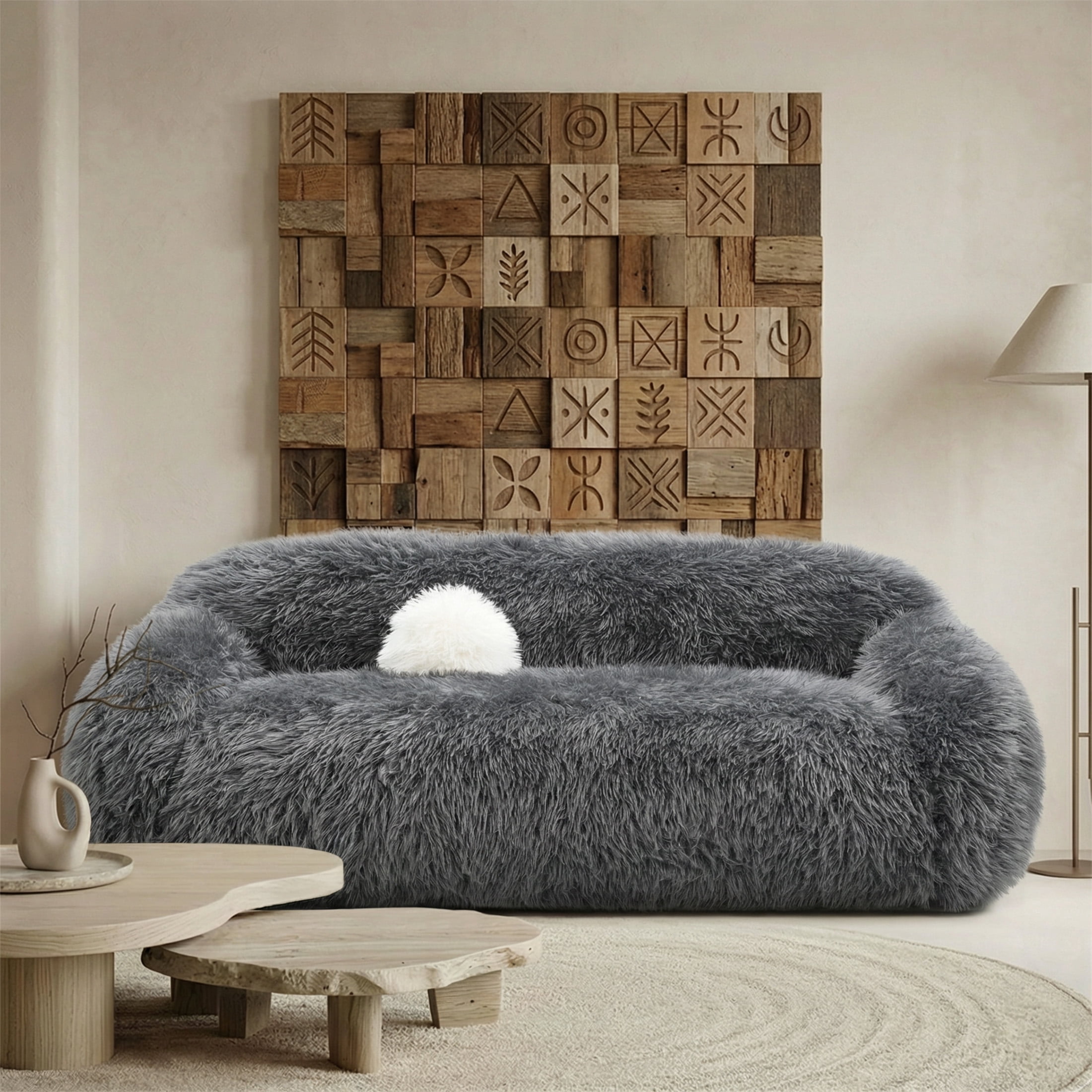 Aukfa 84" Comtemporary Plush Faux Fur Sofa, Pet-Friendly Couch for Living Room, 25" Deep Seat, Gray