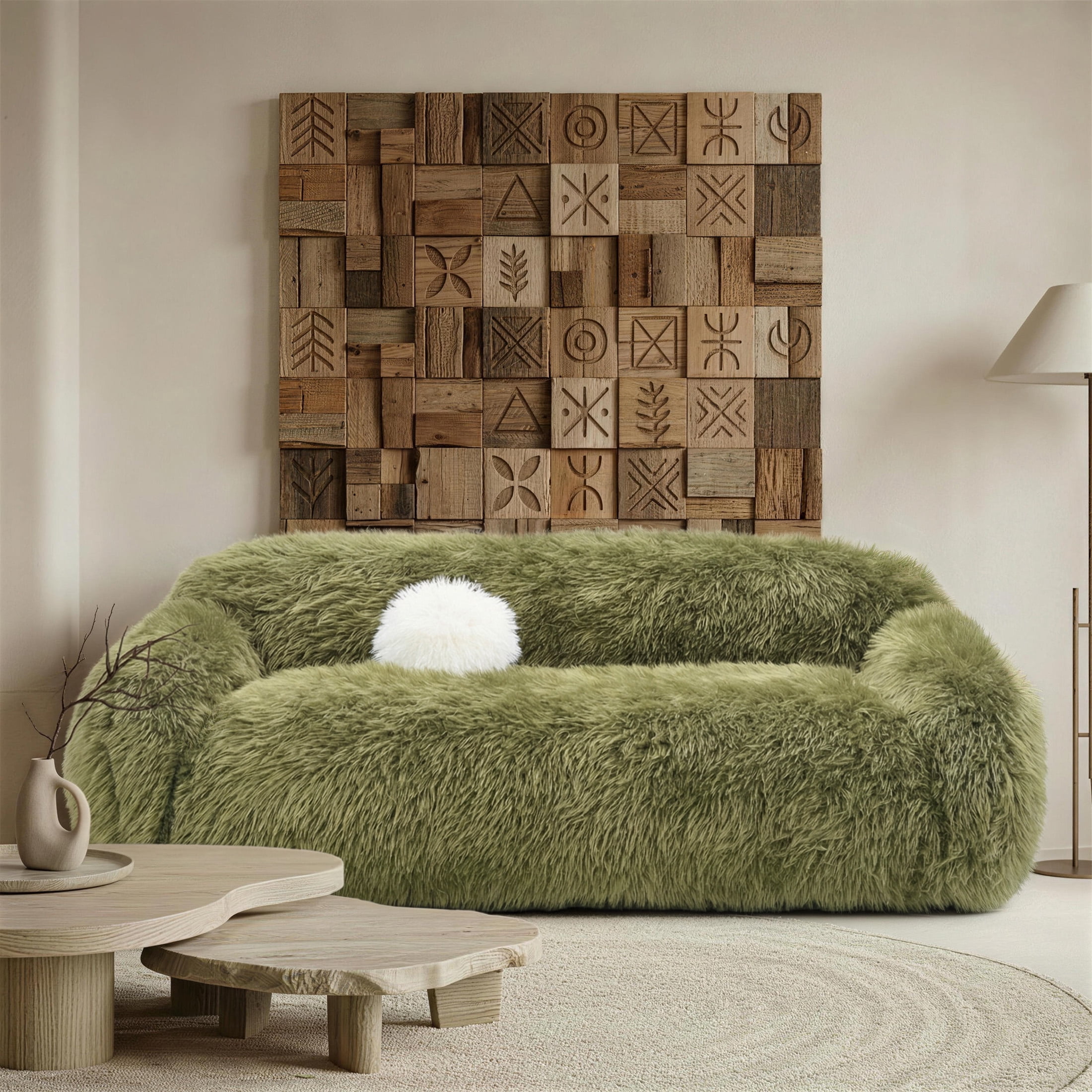 Aukfa 84" Comtemporary Plush Faux Fur Sofa, Pet-Friendly Couch for Living Room, 25" Deep Seat, Green