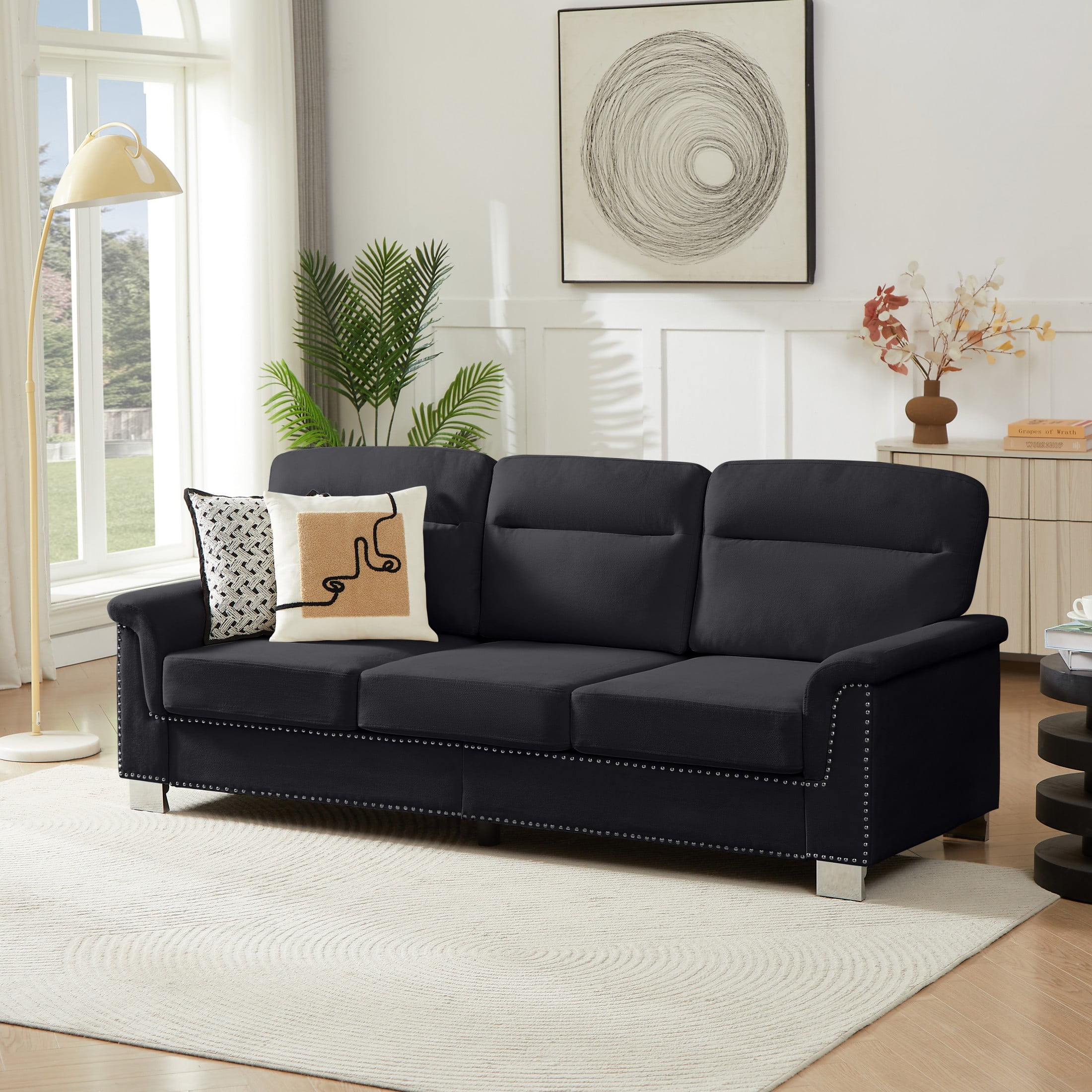 Aukfa 84" Contemporary Sofa for Living Room, Snowfleece 3-Seater Sofa with Naihead Trim, Black