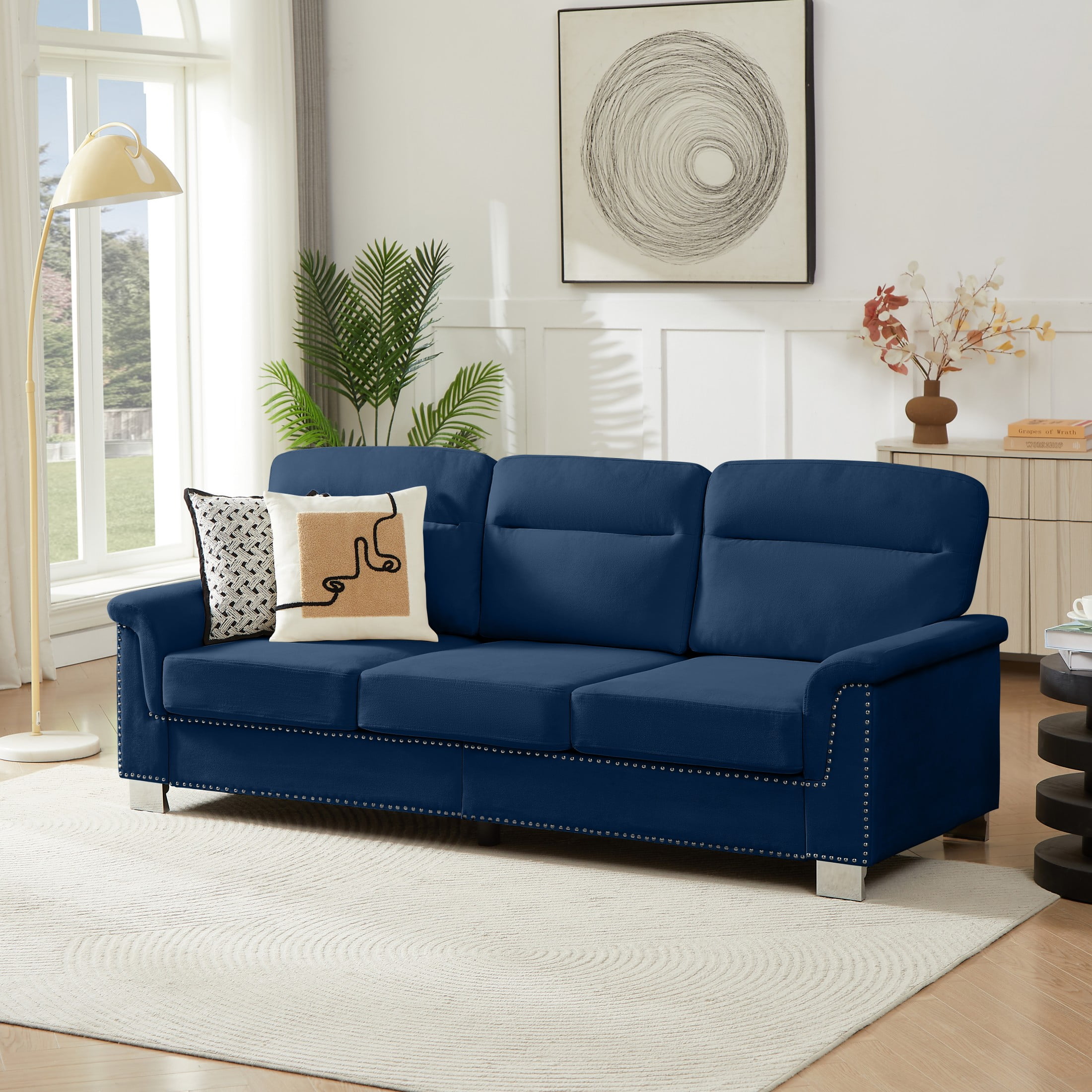 Aukfa 84" Contemporary Sofa for Living Room, Snowfleece 3-Seater Sofa with Naihead Trim, Blue