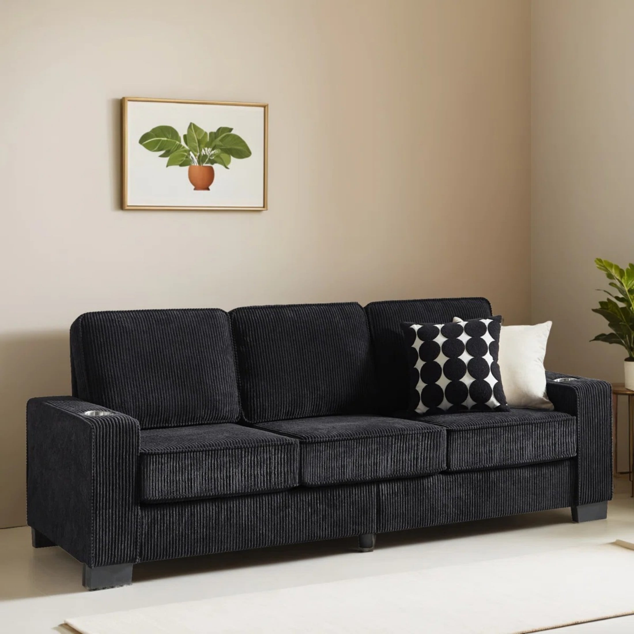 Aukfa 84" Corduroy Sofa with Cup Holders, Modern 3-Seater Couch for Living Room Office, Black