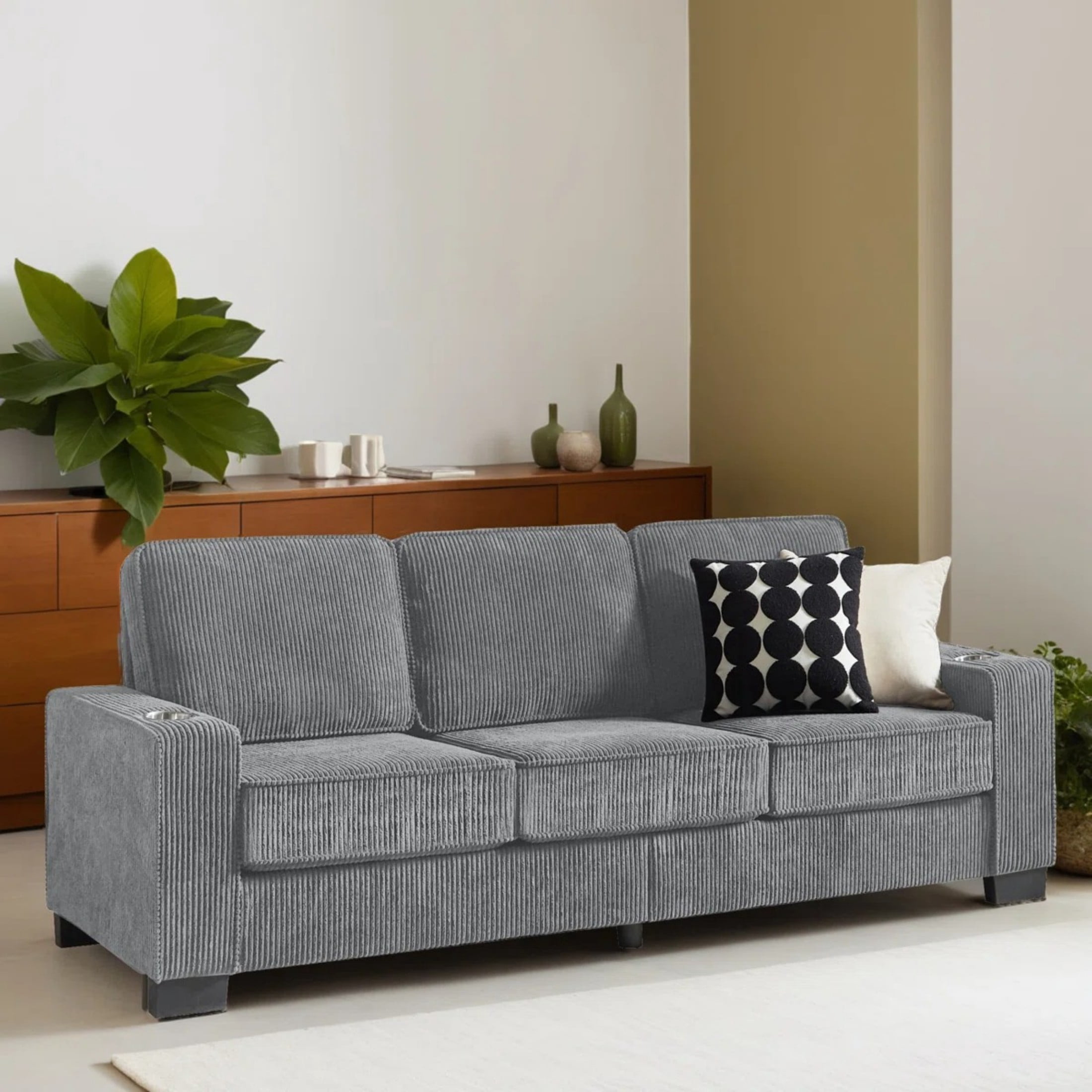 Aukfa 84" Corduroy Sofa with Cup Holders, Modern 3-Seater Couch for Living Room Office, Gray