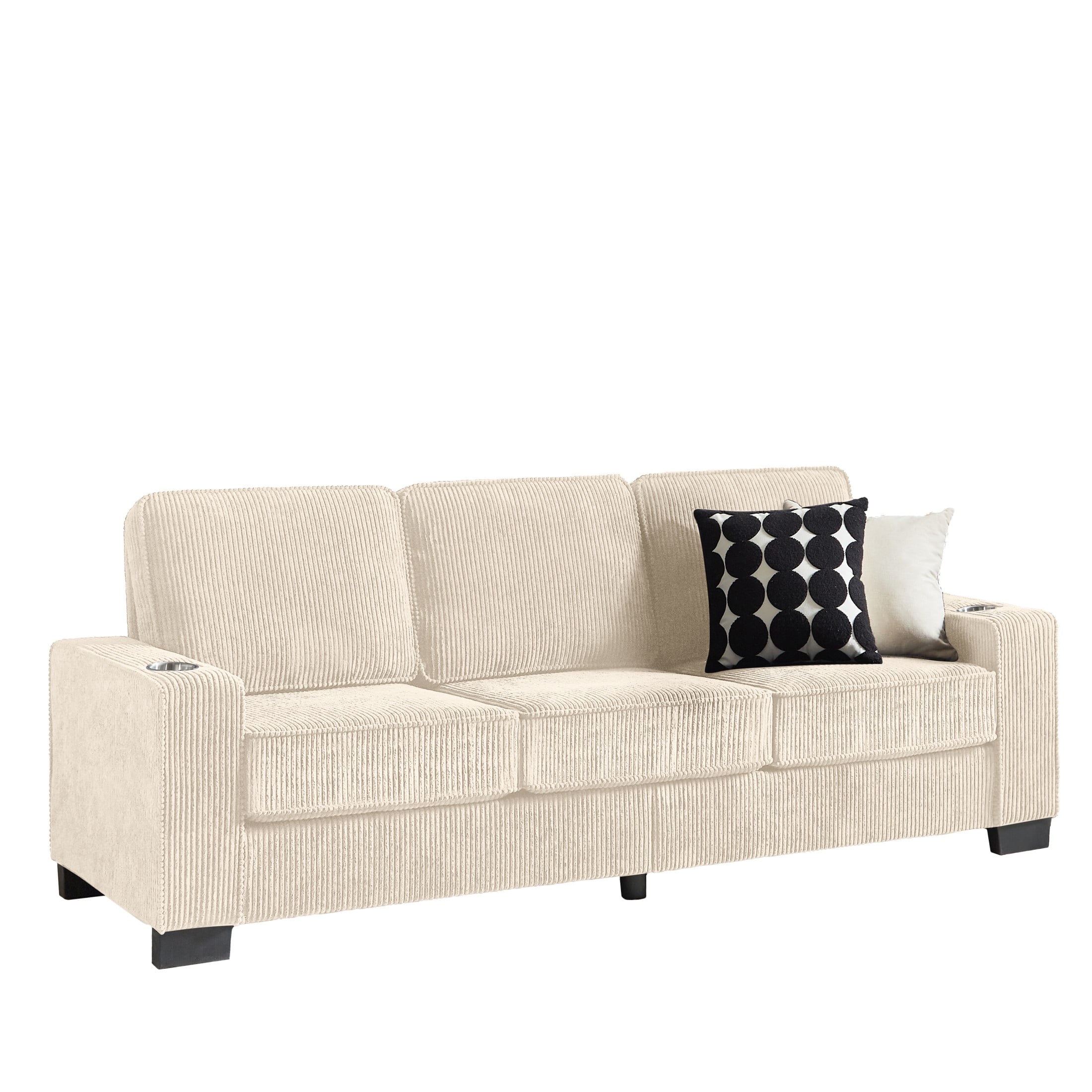 Aukfa 84" Corduroy Sofa with Cup Holders, Modern 3-Seater Fabric Couch for Living Room, Beige