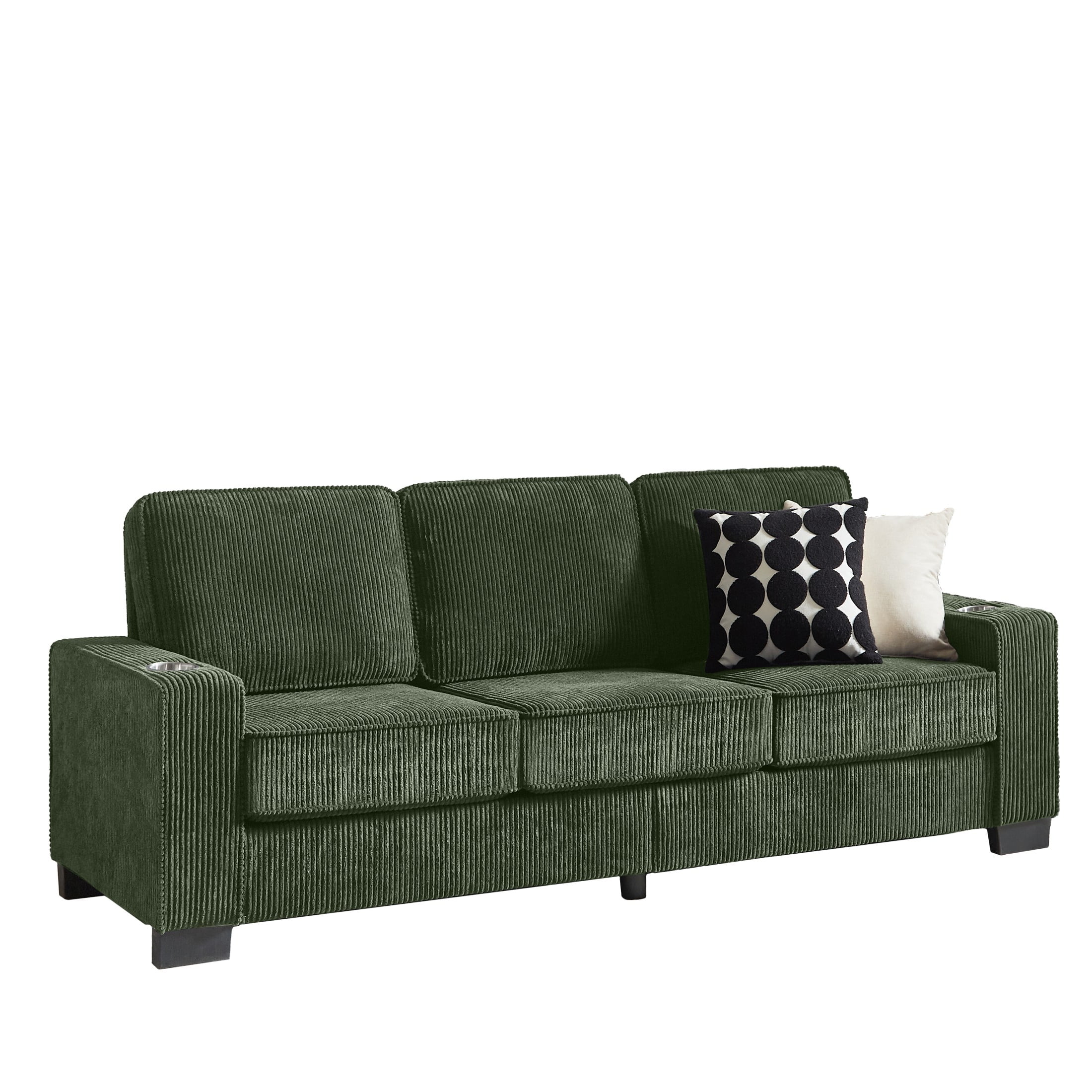 Aukfa 84" Corduroy Sofa with Cup Holders, Modern 3-Seater Fabric Couch for Living Room, Green