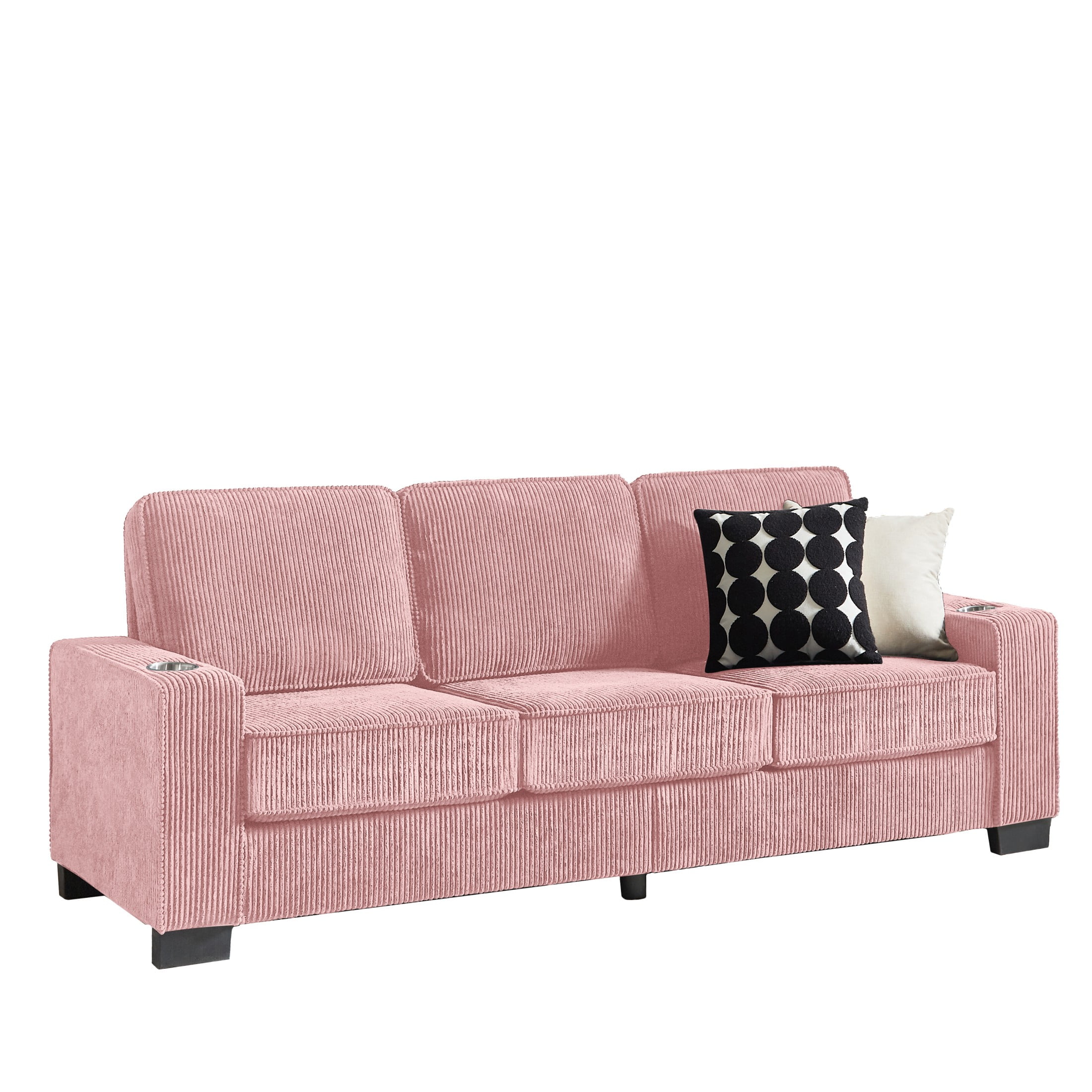 Aukfa 84" Corduroy Sofa with Cup Holders, Modern 3-Seater Fabric Couch for Living Room, Pink