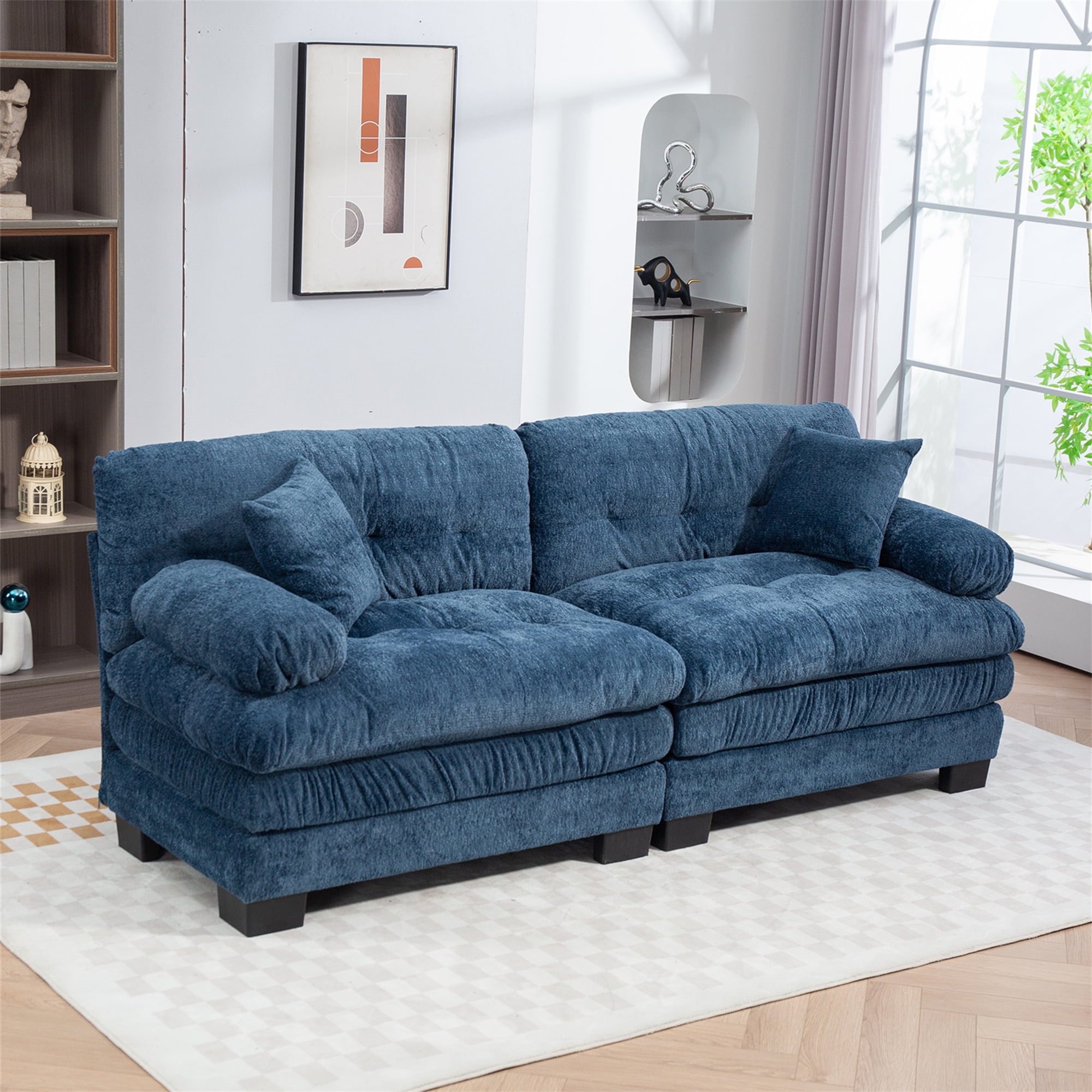Aukfa 84" Deep Seat Couch Dual-Layer Cushion Modular Sofa for Living Room, 2 Pillows, Chenille, Blue