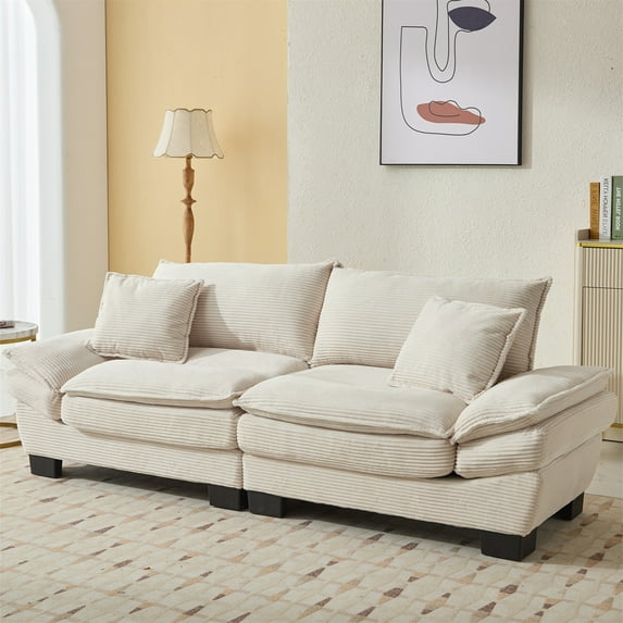 Aukfa 84" Deep Seat Sofa Modern Comfy Sofa Sleeper Couch for Living Room, 2 Pillows, Corduroy, Beige