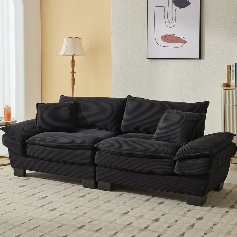 Aukfa 84 Deep Seat Sofa Modern Comfy Sofa Sleeper Couch for Living Room 2 Pillows Corduroy Black Walmart
