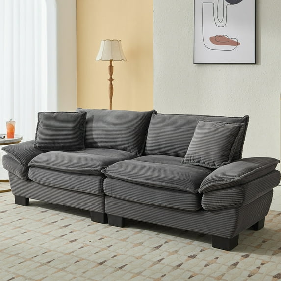 Aukfa 84" Deep Seat Sofa Modern Comfy Sofa Sleeper Couch for Living Room, 2 Pillows, Corduroy, Gray