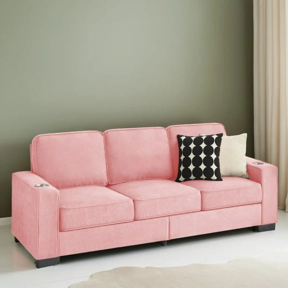 Aukfa 84" Snowfleece Sofa with Cup Holders, Modern 3-Seater Couch for Living Room Office, Pink