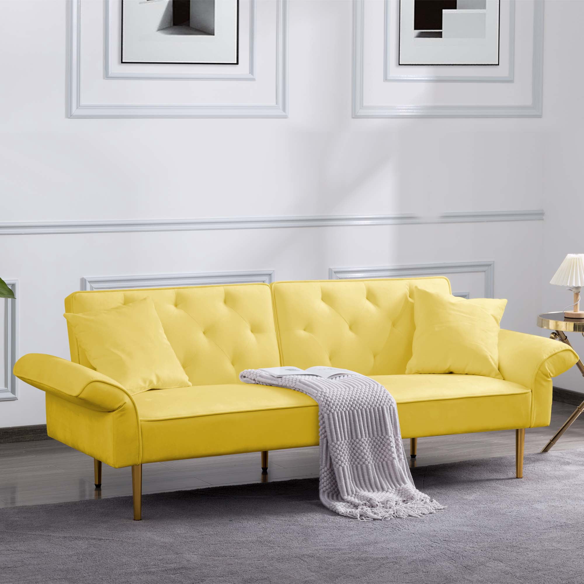 Aukfa 84" Wide Velvet Futon Convertible Sofa for Living Room, Folding Arm, 2 Pillows, Yellow