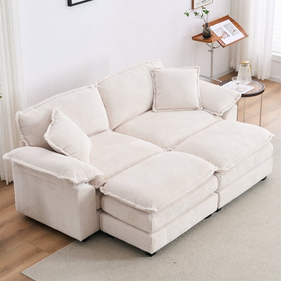 Aukfa Modular Sectional Couch Deep Seat Loveseat Sofa with 2 Ottoman for Living Room, 6 Pillows, Corduroy, White