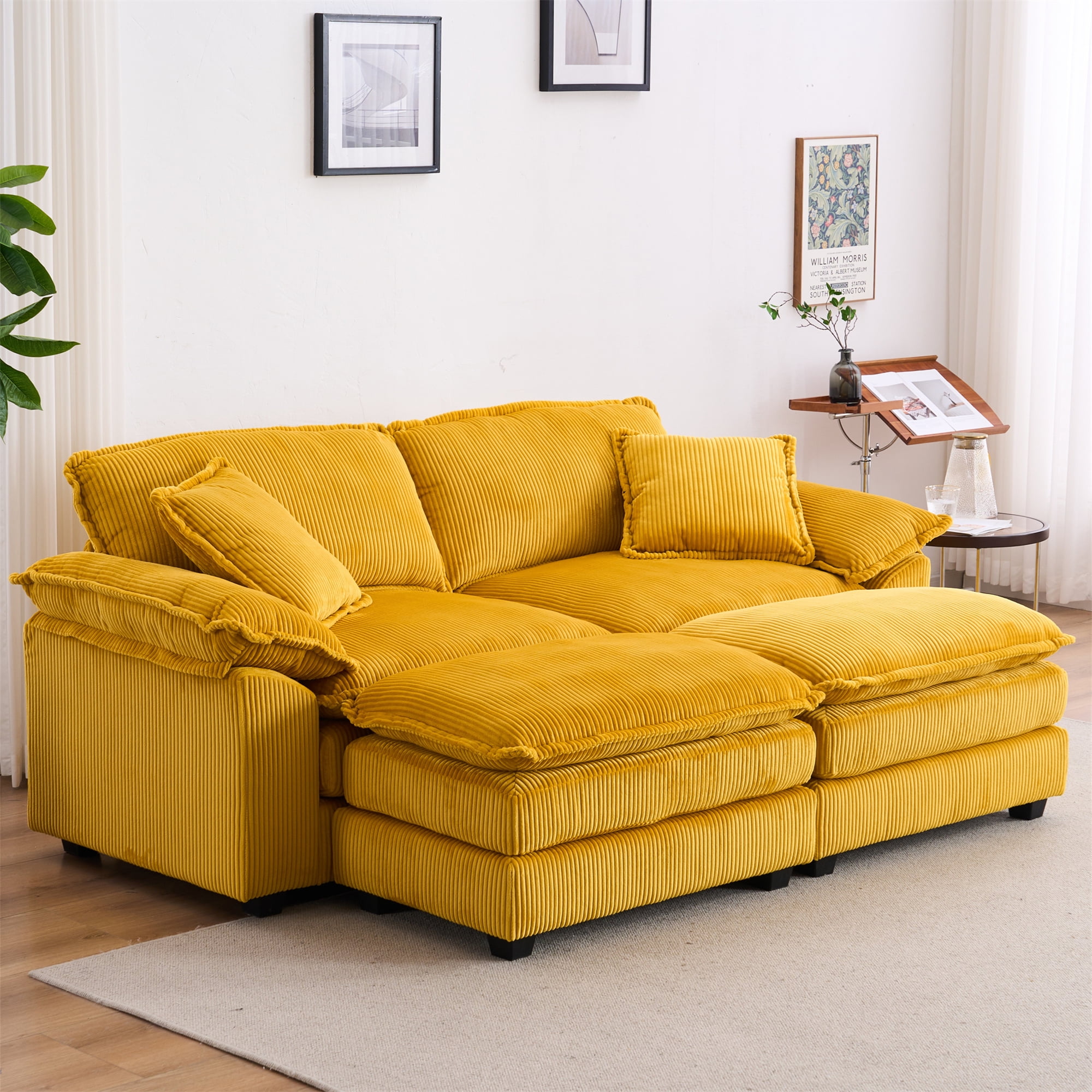 Aukfa Modular Sectional Couch Deep Seat Loveseat Sofa with 2 Ottoman for Living Room, 6 Pillows, Corduroy, Yellow