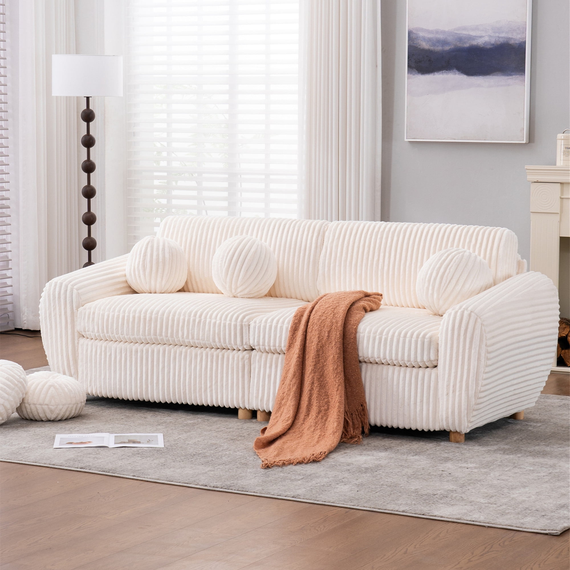 Aukfa 85" Modern Comfy Sofa, Upholstered Deep Seat Couch for Living Room, 5 Pillows, Corduroy, Beige