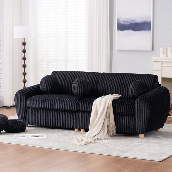 Aukfa 85" Modern Comfy Sofa, Upholstered Deep Seat Couch for Living Room, 5 Pillows, Corduroy, Black