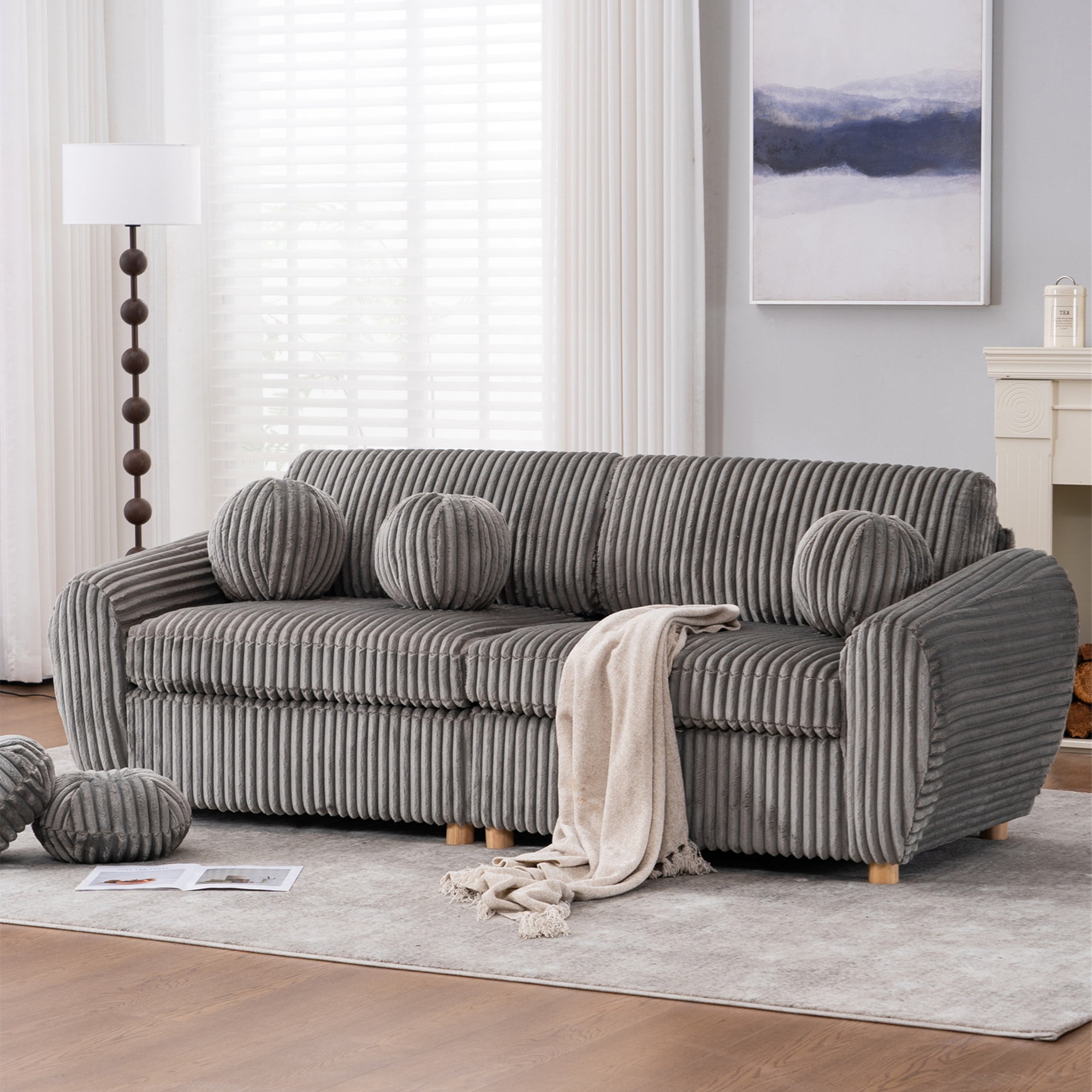 Aukfa 85" Modern Comfy Sofa, Upholstered Deep Seat Couch for Living Room, 5 Pillows, Corduroy, Gray