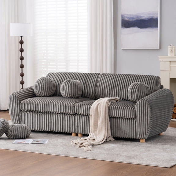 Aukfa 85" Modern Comfy Sofa, Upholstered Deep Seat Couch for Living Room, 5 Pillows, Corduroy, Gray