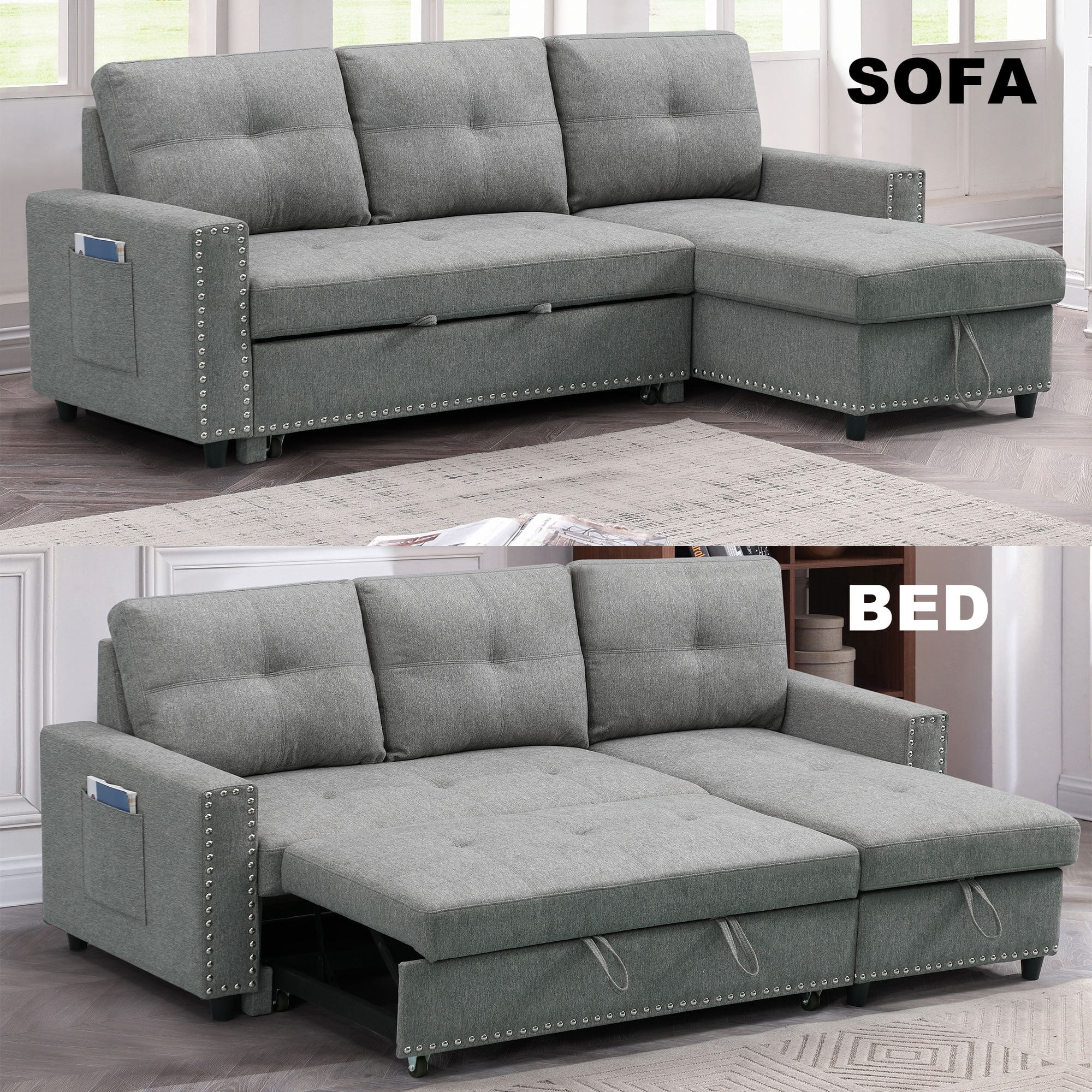 Aukfa 85" Reversible Sectional Sofas Couch Sleeper Sofa Bed With Pull