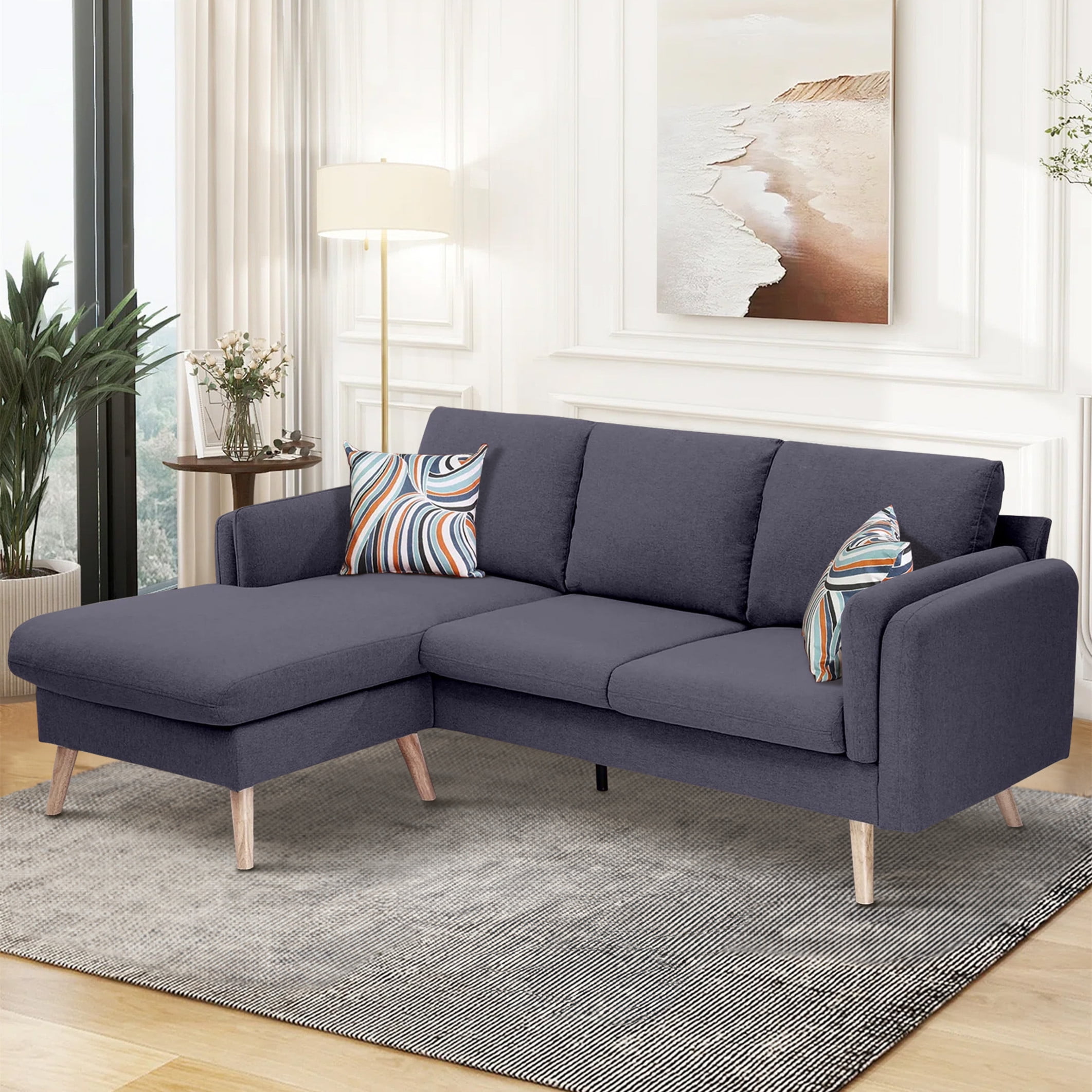 Aukfa 85" Sectional Couch Reversible L shape Sofa for Living Room, Solid Wood Legs, Linen, Gray
