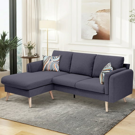 Aukfa 85" Sectional Couch Reversible L shape Sofa for Living Room, Solid Wood Legs, Linen, Gray