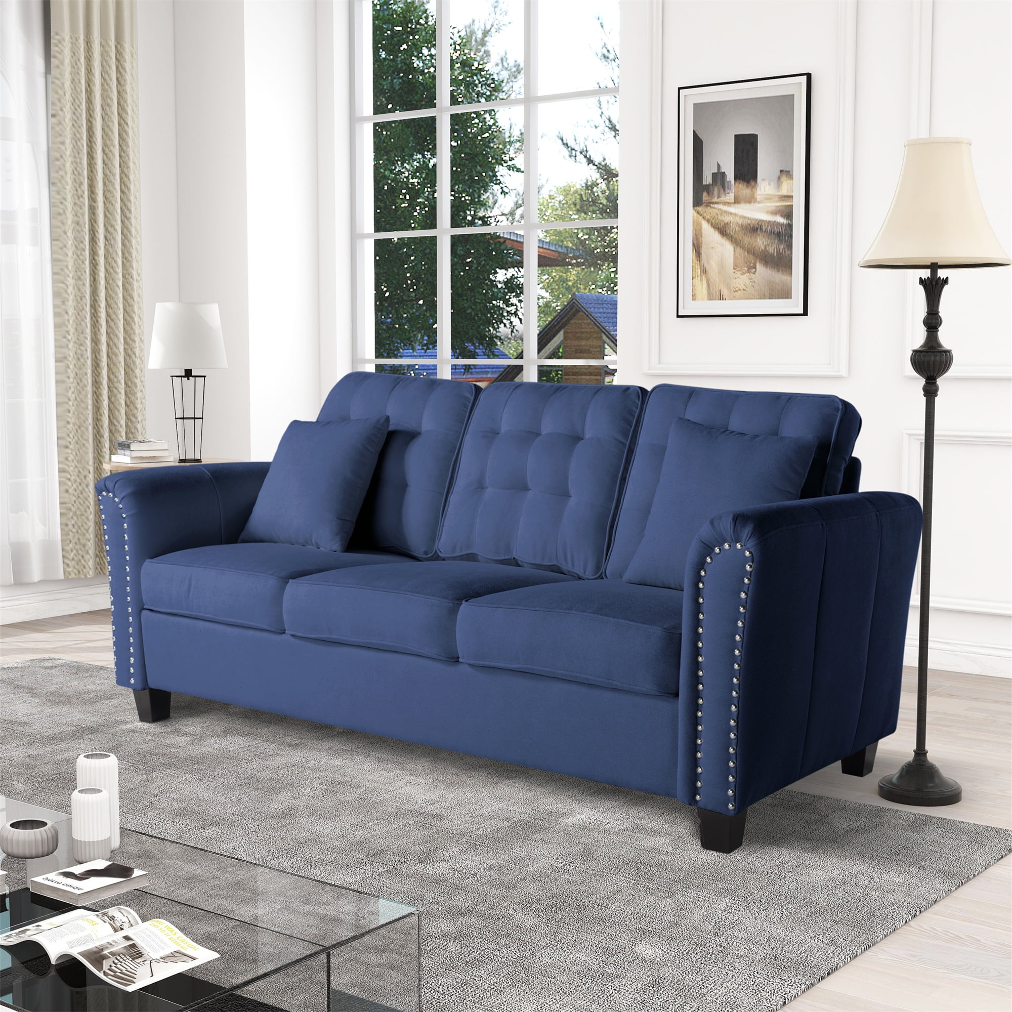 Free Shipping! Aukfa 85 Tufted 3 Seater Sofa Blue with Nailhead Detail ...