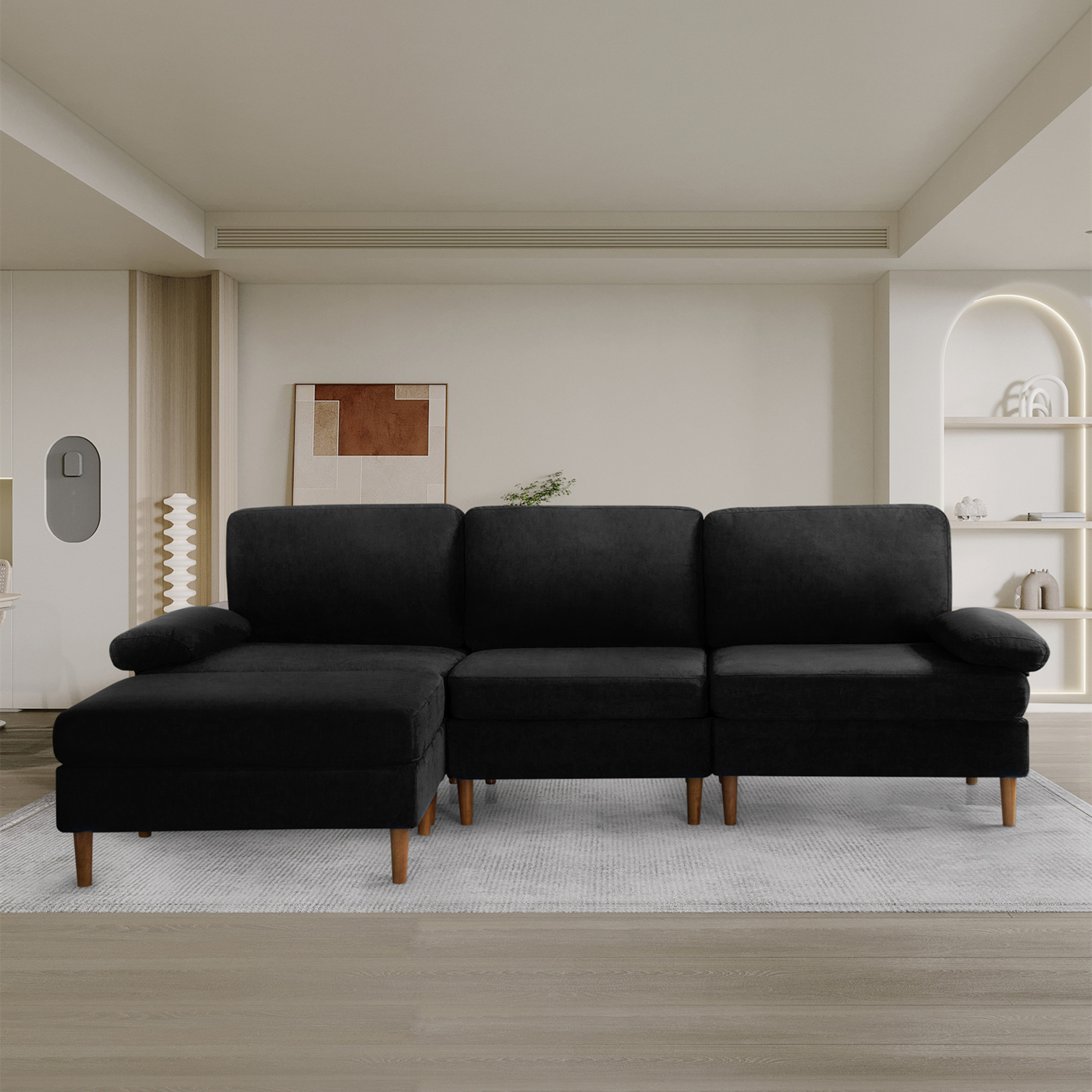 Aukfa 100" Velvet Sectional Sofa Modular Couch with Chaise for Living Room, Black