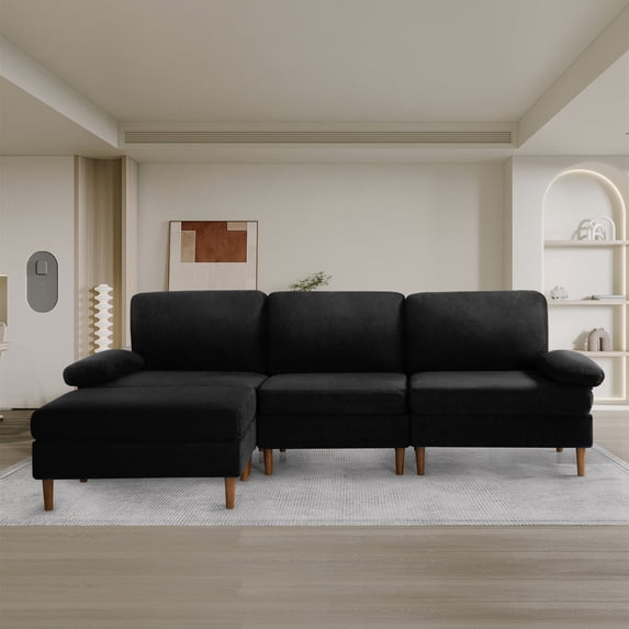 Aukfa 100" Velvet Sectional Sofa Modular Couch with Chaise for Living Room, Black