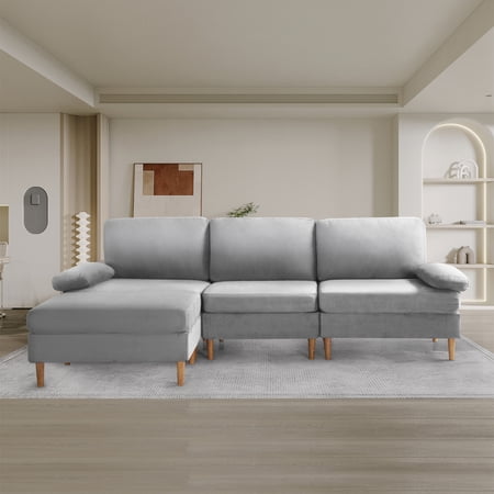 Aukfa 100" Velvet Sectional Sofa Modular Couch with Chaise for Living Room, Gray