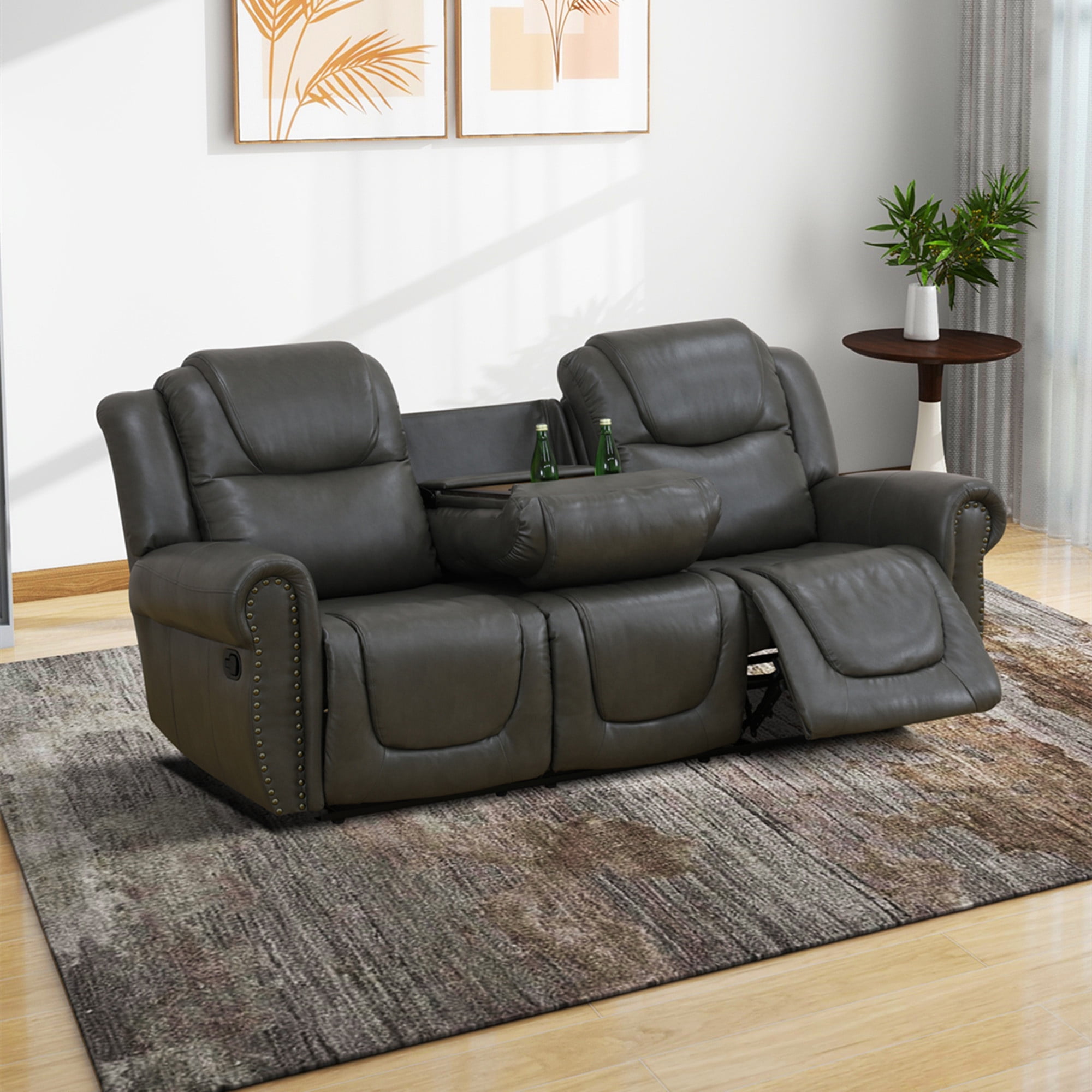 Aukfa 86" Triple Recliner Chair Oversized Loveseat RV Sofa w/ Cupholder, Home Theater Seating, Leather, Gray