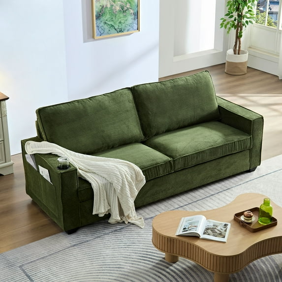 Aukfa 87" Comfy Sofa for Living Room,Deep Seat Loveseat Couch with Cupholder, Corduroy, Green